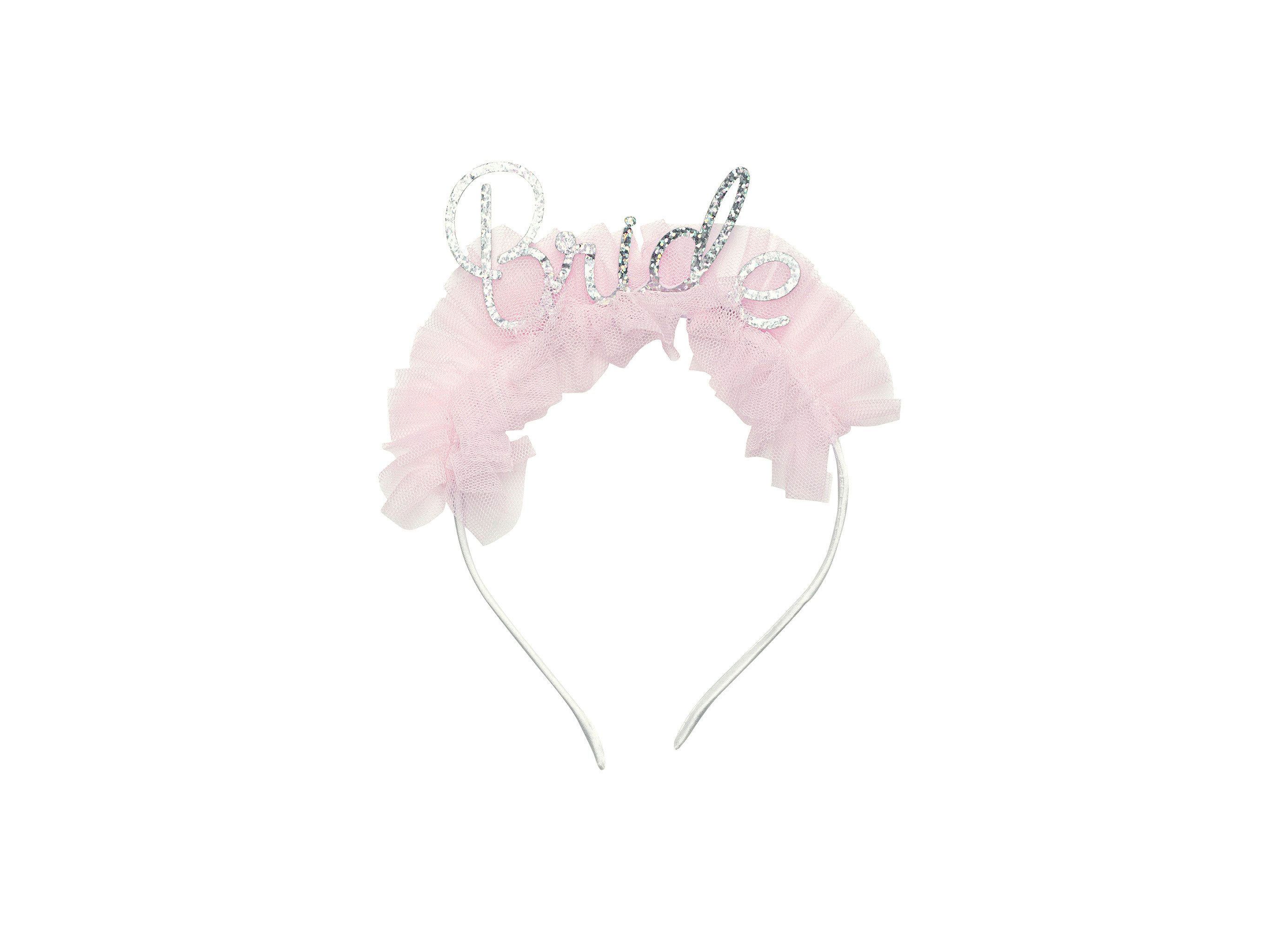 partydeco Haarreif, Haarreif Bride mit Rüschen 17x18cm Weiß / Rosa / Silber Irisierend