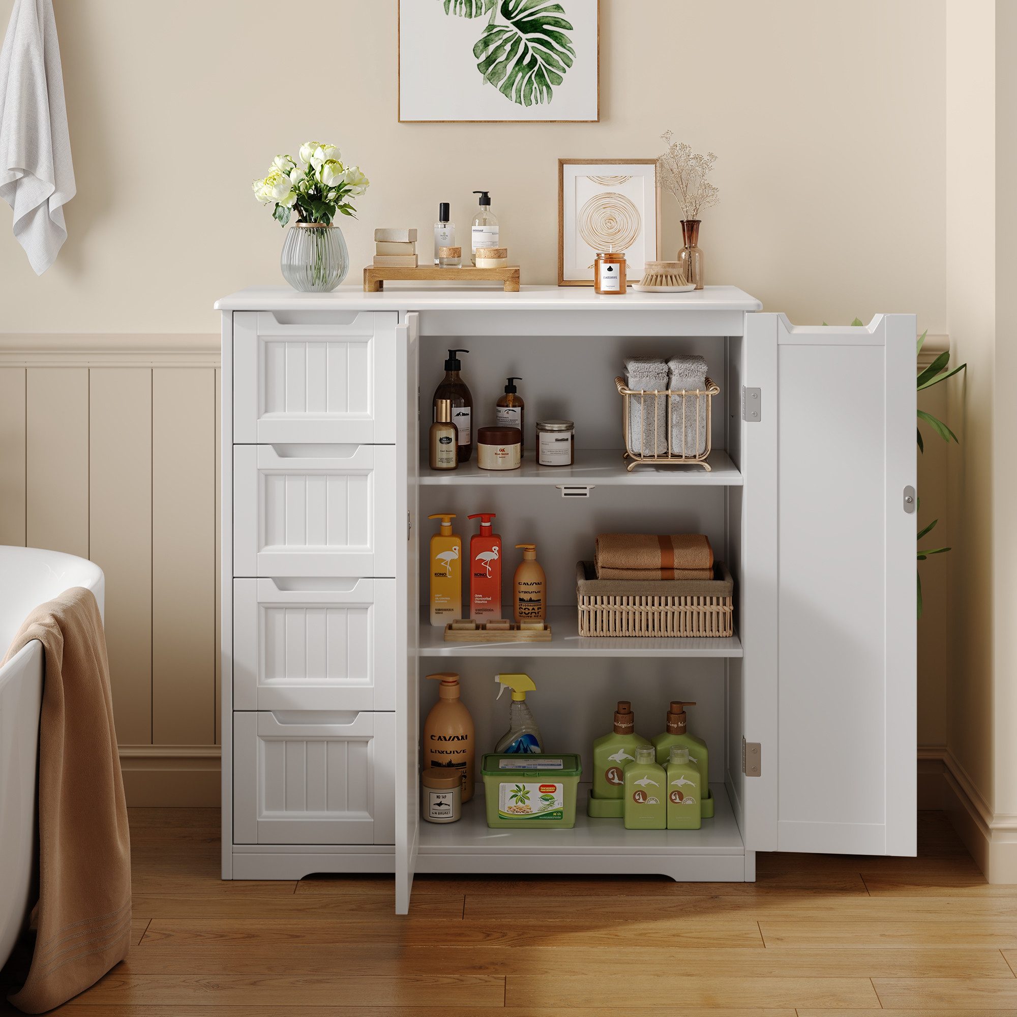 Blishom Kommode Badezimmerschrank 81x30x83 cm, Badschrank mit 4 Schubladen, Küchen-Vorratsschrank mit Verstellbarem Einlegeboden