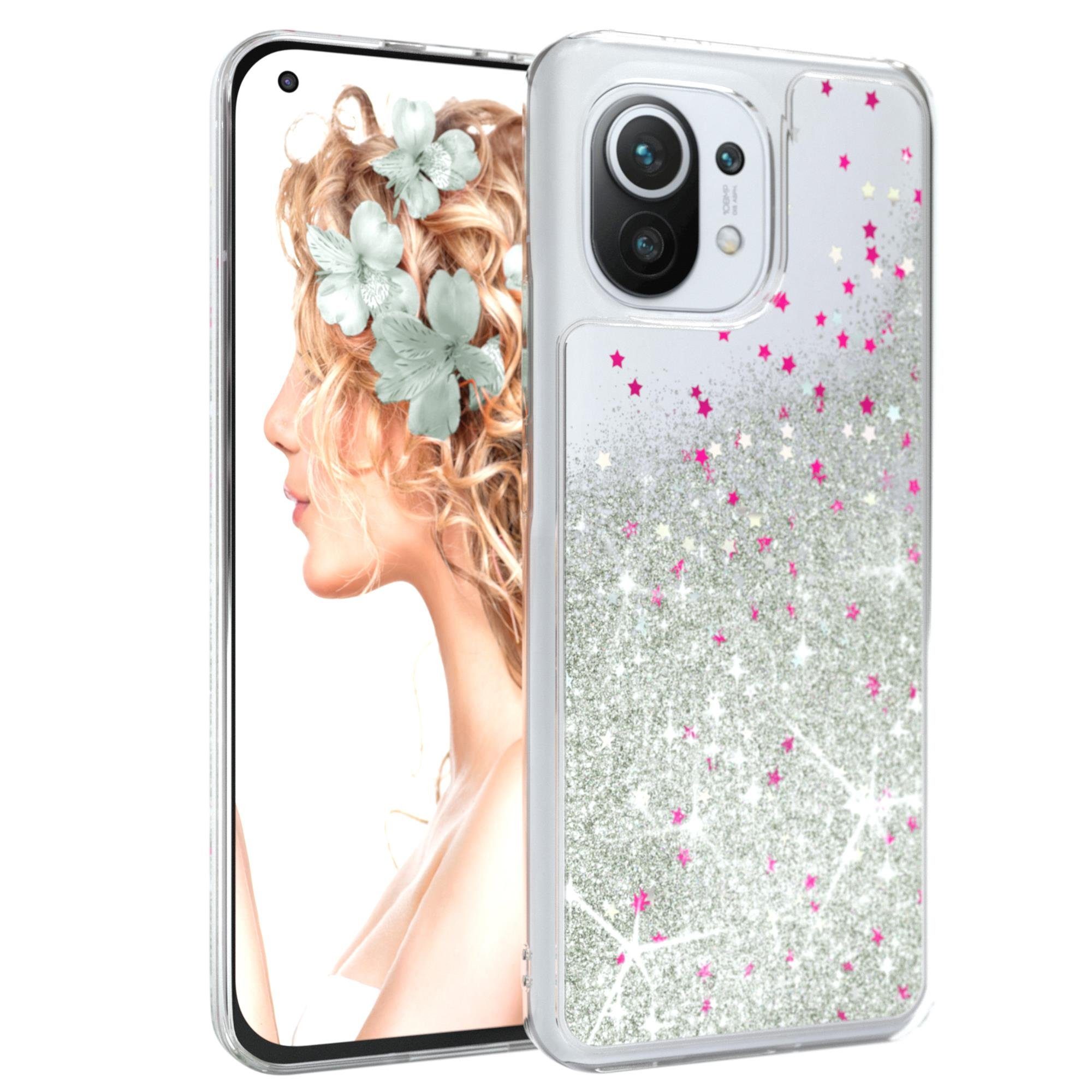 EAZY CASE Handyhülle Liquid Glittery Case für Xiaomi Mi 11 5G 6,81 Zoll, Kratzfeste Silikonhülle stoßfestes Back Cover Phone Case Etui Silber
