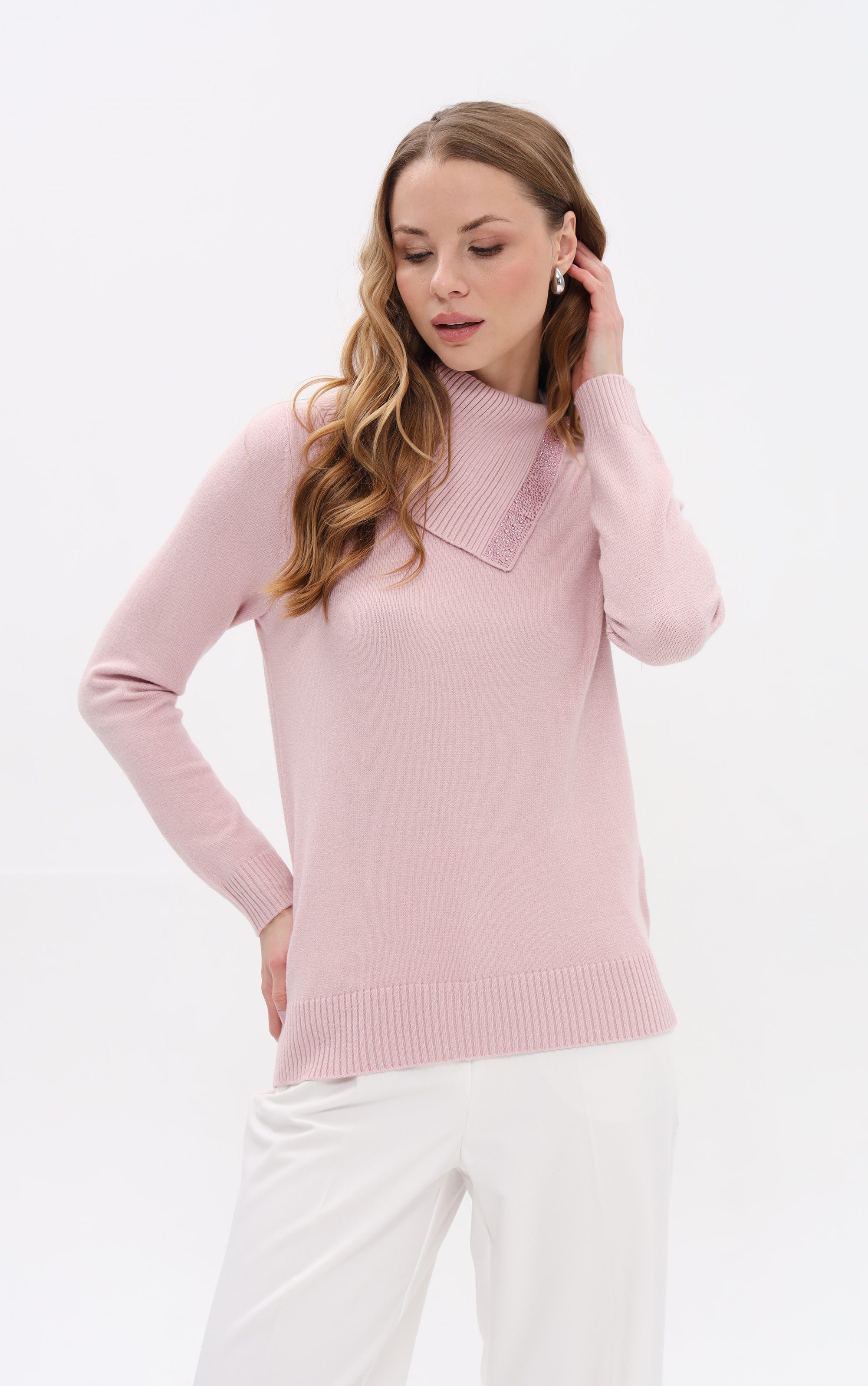 Passioni Strickpullover mit Umschlagkragen und Strass