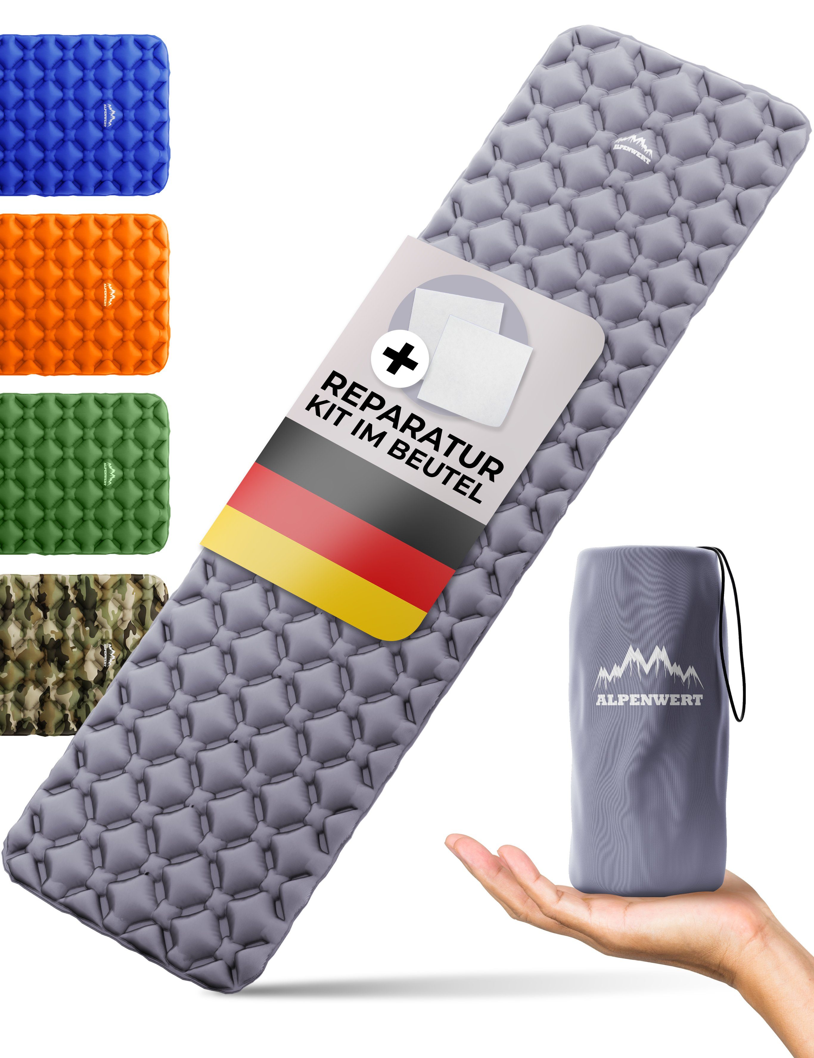 Reparatur (Set), Aufblasbar Packmaß, Kit Ultra Pad, Outdoor Camping Schlafmatte Sleeping Leicht, GRATIS Kleines Grau Alpenwert Isomatte