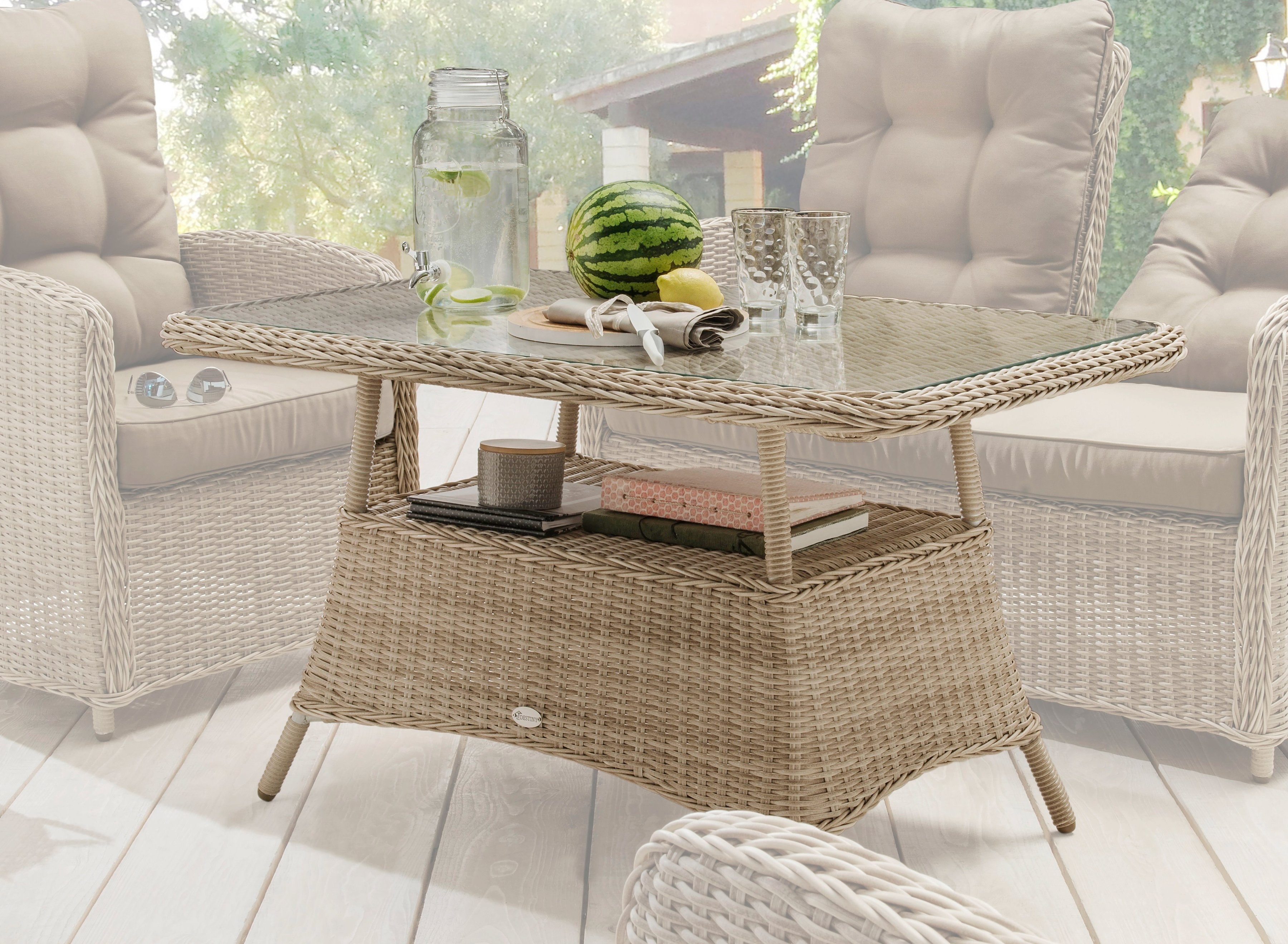 Destiny Gartentisch MERANO, Polyrattan, 120x77x66cm, mit aufgelegter Glasplatte