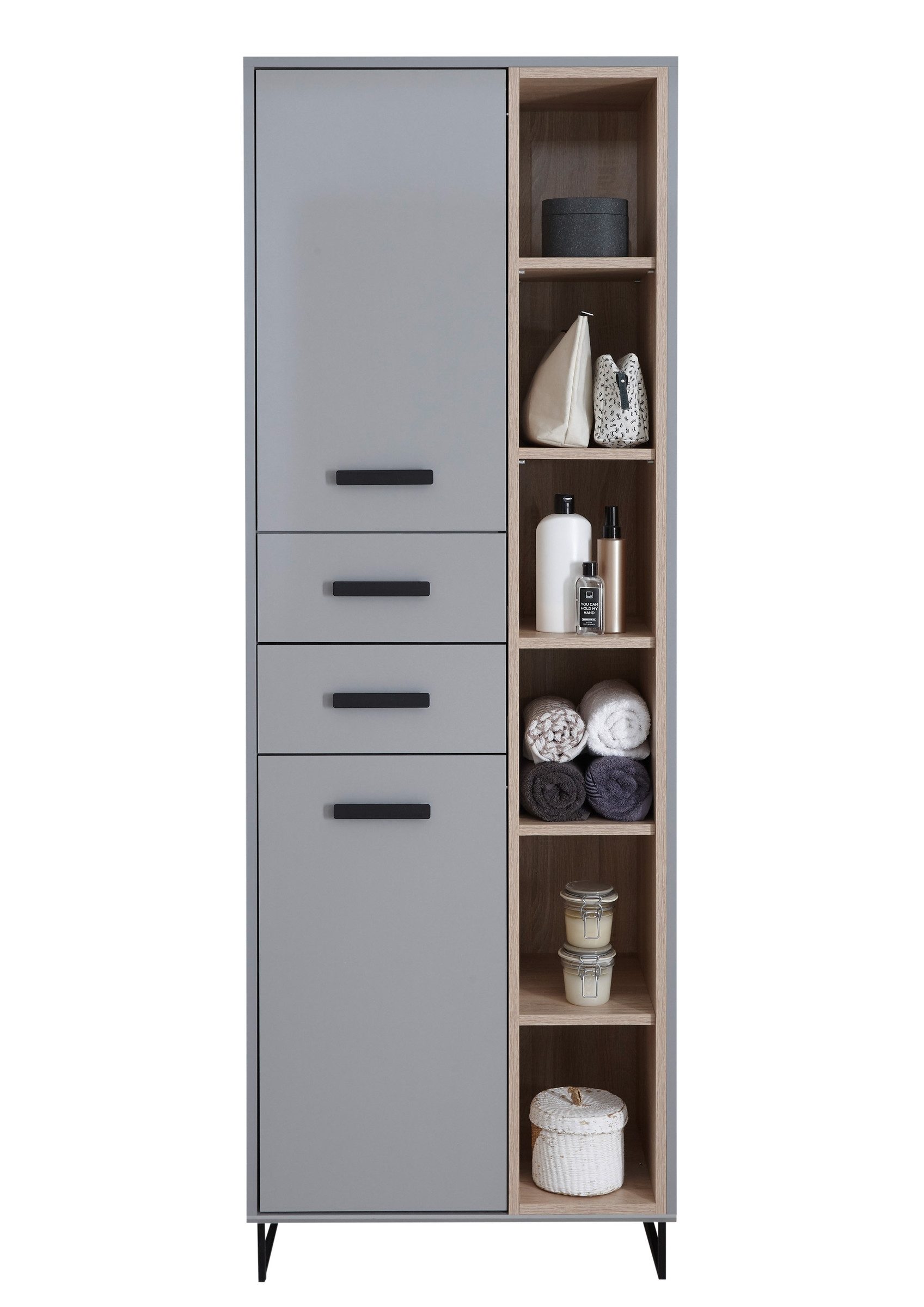 BEGA BBK Hochschrank 2 Türen, 2 Schübe, grau matt / sonoma eiche - 65x185x38cm (BxHxT)