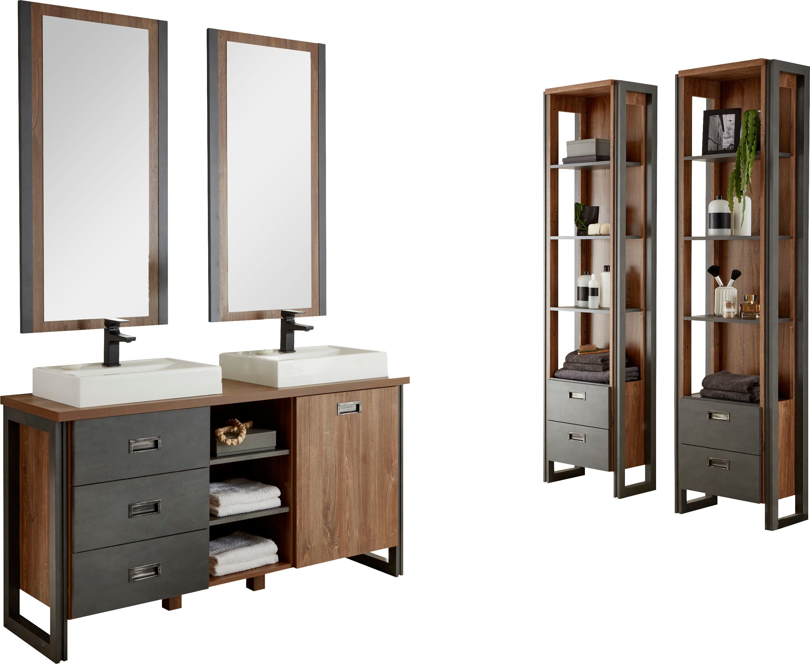 Home affaire Badmöbel-Set Detroit, Bad im Industrialdesign, 3-teiliges Badezimmer, (Set, 5-St), Waschtisch, Regal & Spiegel, inkl. zwei Mineralguss-Aufsatzwaschbecken