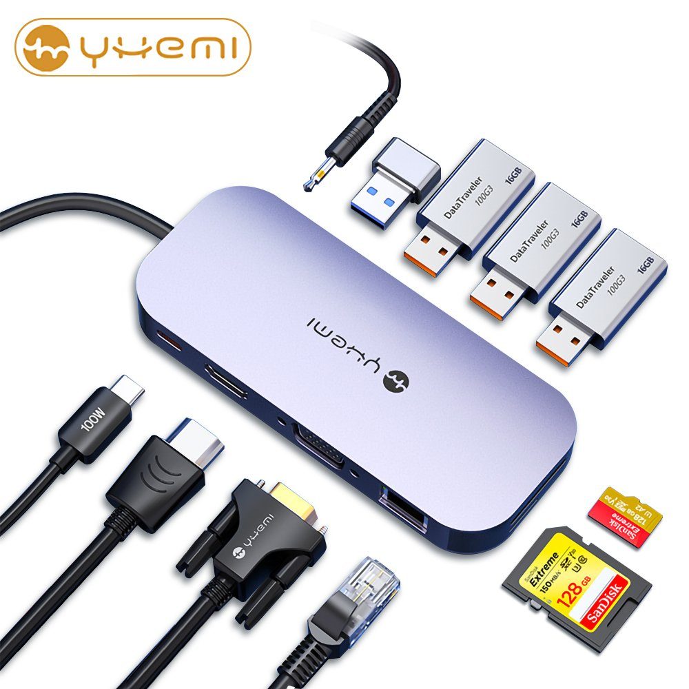 YHEMI 11-in-1 Typ-c Docking Station USB-C zu HDMI/VGA Splitter 4K Adapter USB-Adapter