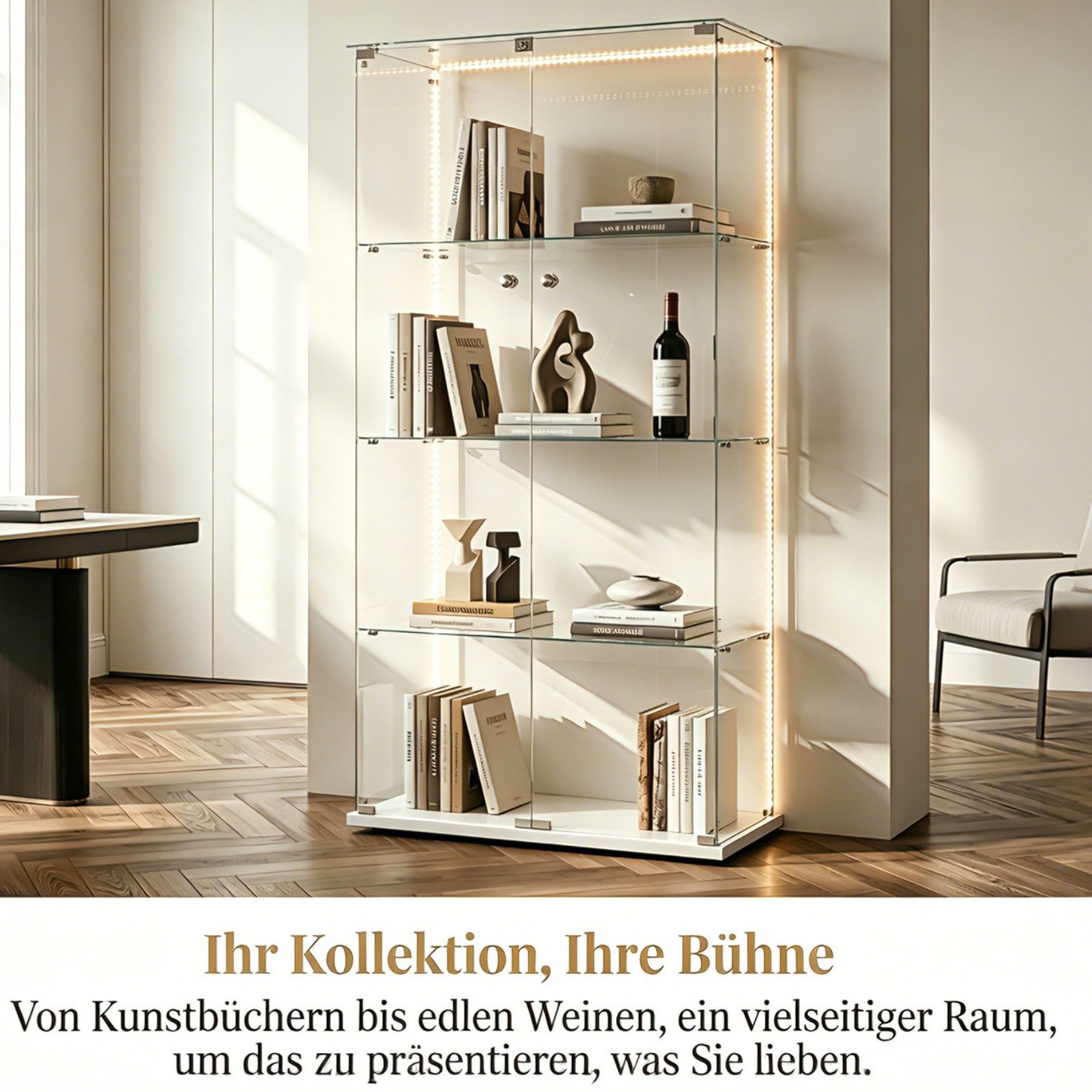 Simurq Glasvitrine Standvitrinen mit LED Beleuchtung Vitrinenschrank mit Glastür (glas vitrine mit 2 Glastür und 4 Lagen,Schloss,Kippsicherung) Sammlervitrine a – Bild 4 von 5