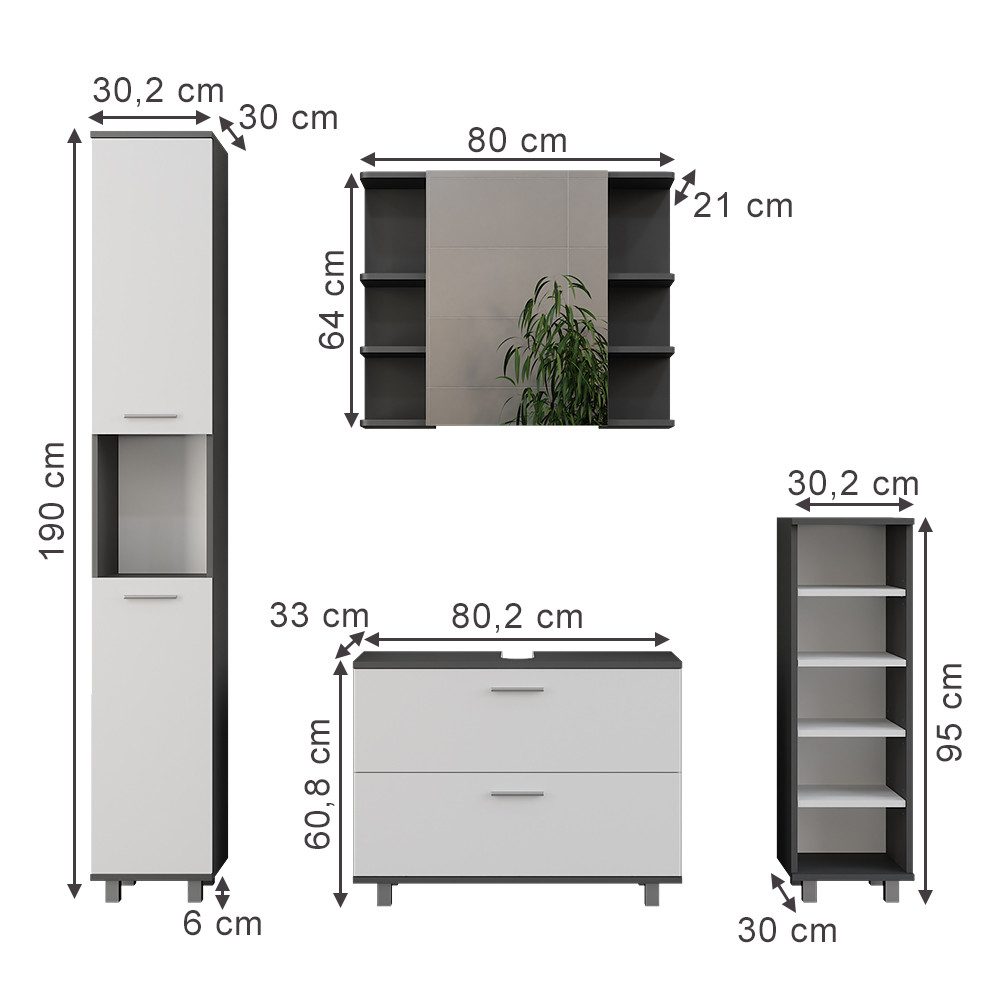 Vicco Badmöbel-Set Ilias, Anthrazit/Weiß, 4 Teile, (4-St., 4er Set)