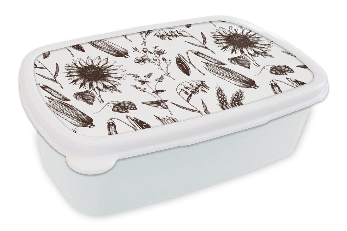 MuchoWow Lunchbox Muster - Pflanzen - Schwarz - Weiß, Kunststoff, (2-tlg), Brotbox für Kinder und Erwachsene, Brotdose, für Jungs und Mädchen