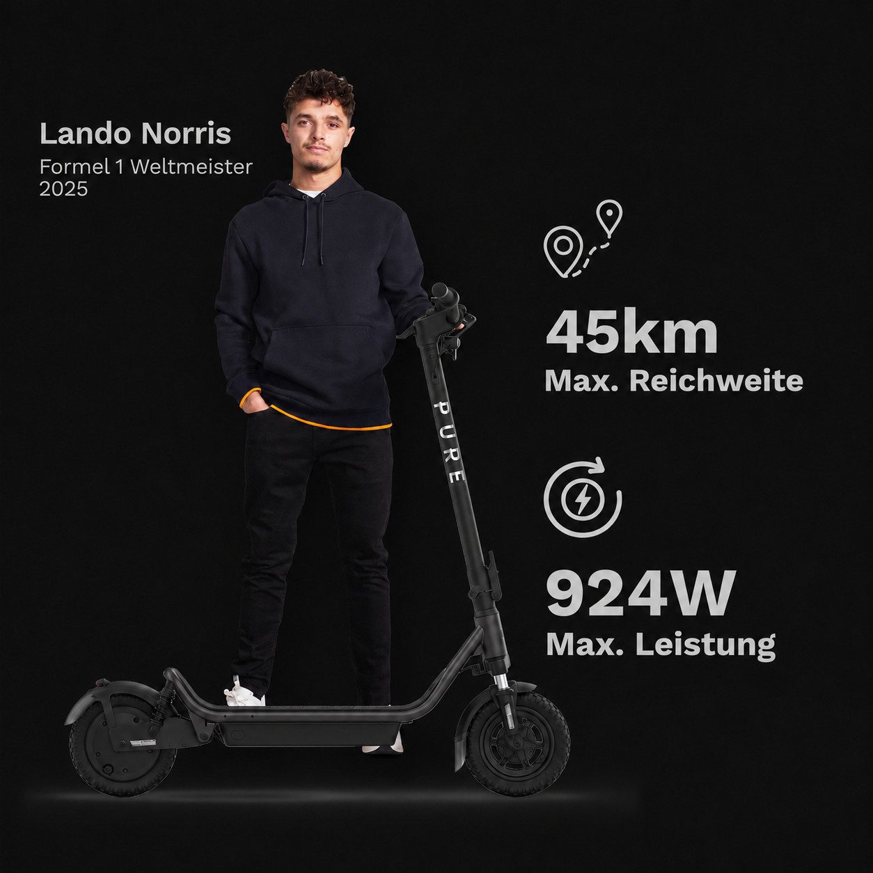 Pureelectric E-Scooter PURE AIR⁶ SUSPENSION E-Scooter mit Doppelfederung, Bis zu 45 km Reichweite. Mit Straßenzulassung. Doppelte Federung.