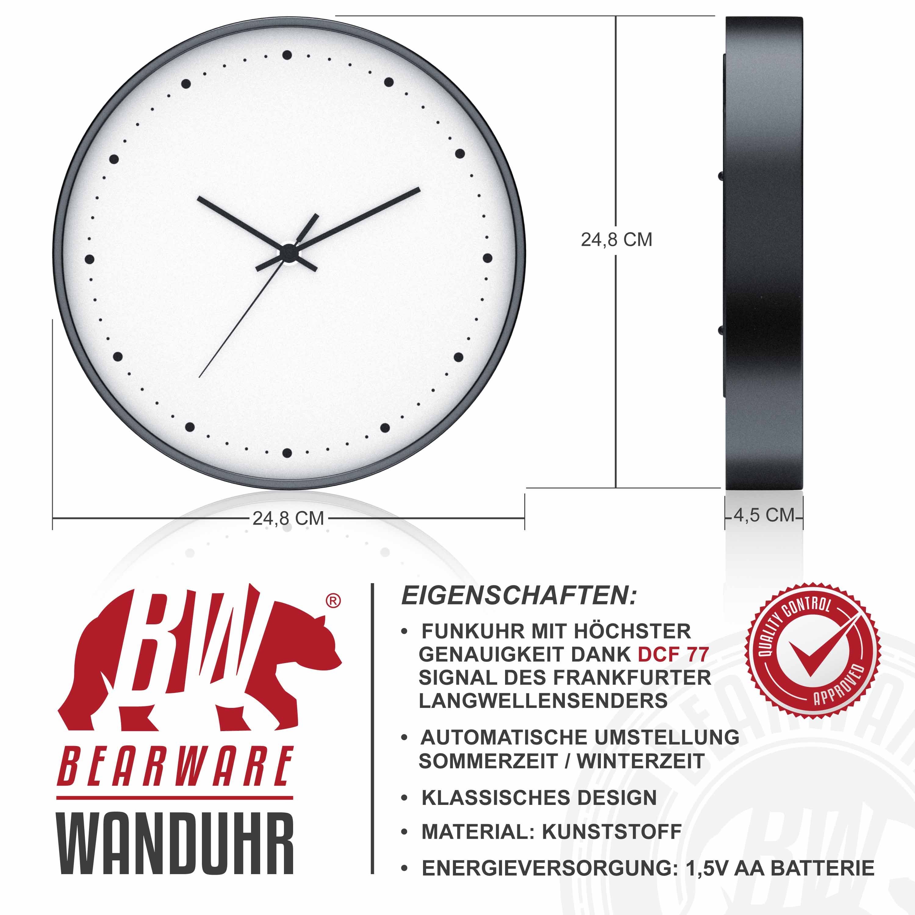 BEARWARE Funkwanduhr Wanduhr rund, Funkuhr, neutrales Design mit Glasabdeck günstig online kaufen