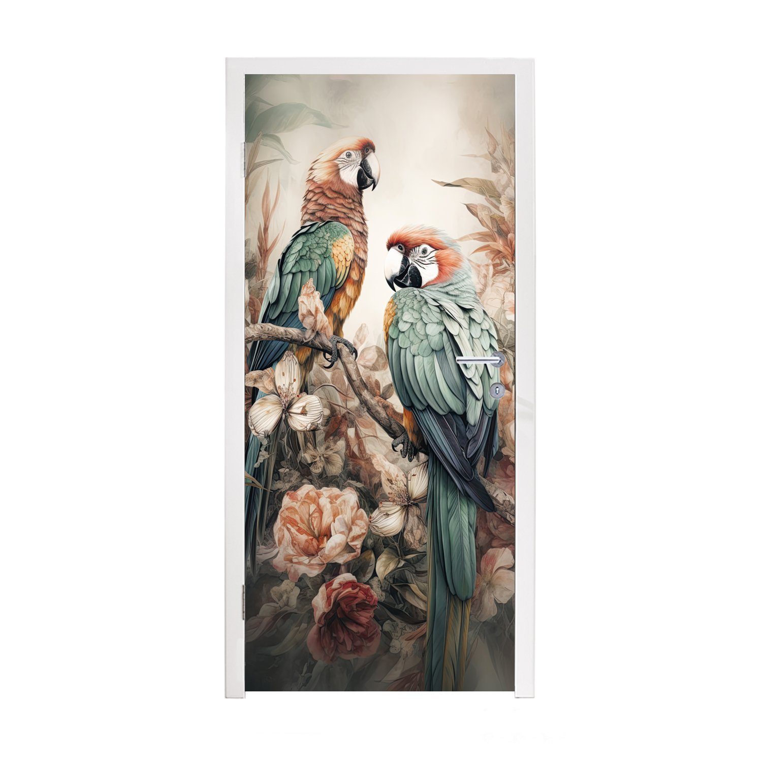 MuchoWow Türtapete Papageien - Vögel - Natur - Blumen, Matt, bedruckt, (1 St), Fototapete für Tür, Türaufkleber, 75x205 cm
