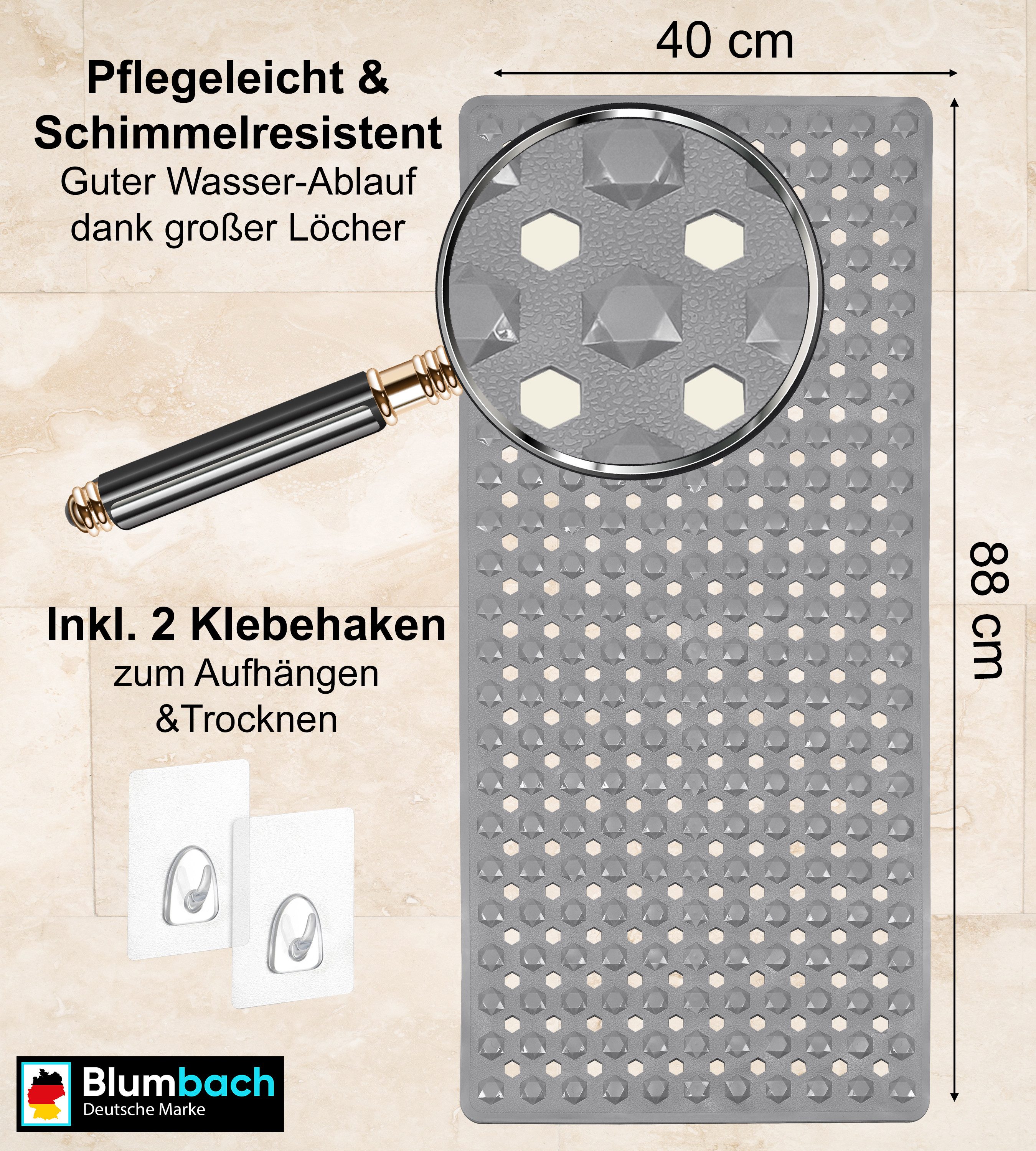 Blumbach Wanneneinlage Badewannenmatte rutschfest, Packung, inklusive 2 Klebehaken, rutschhemmend, mit Saugnäpfen, pflegeleicht