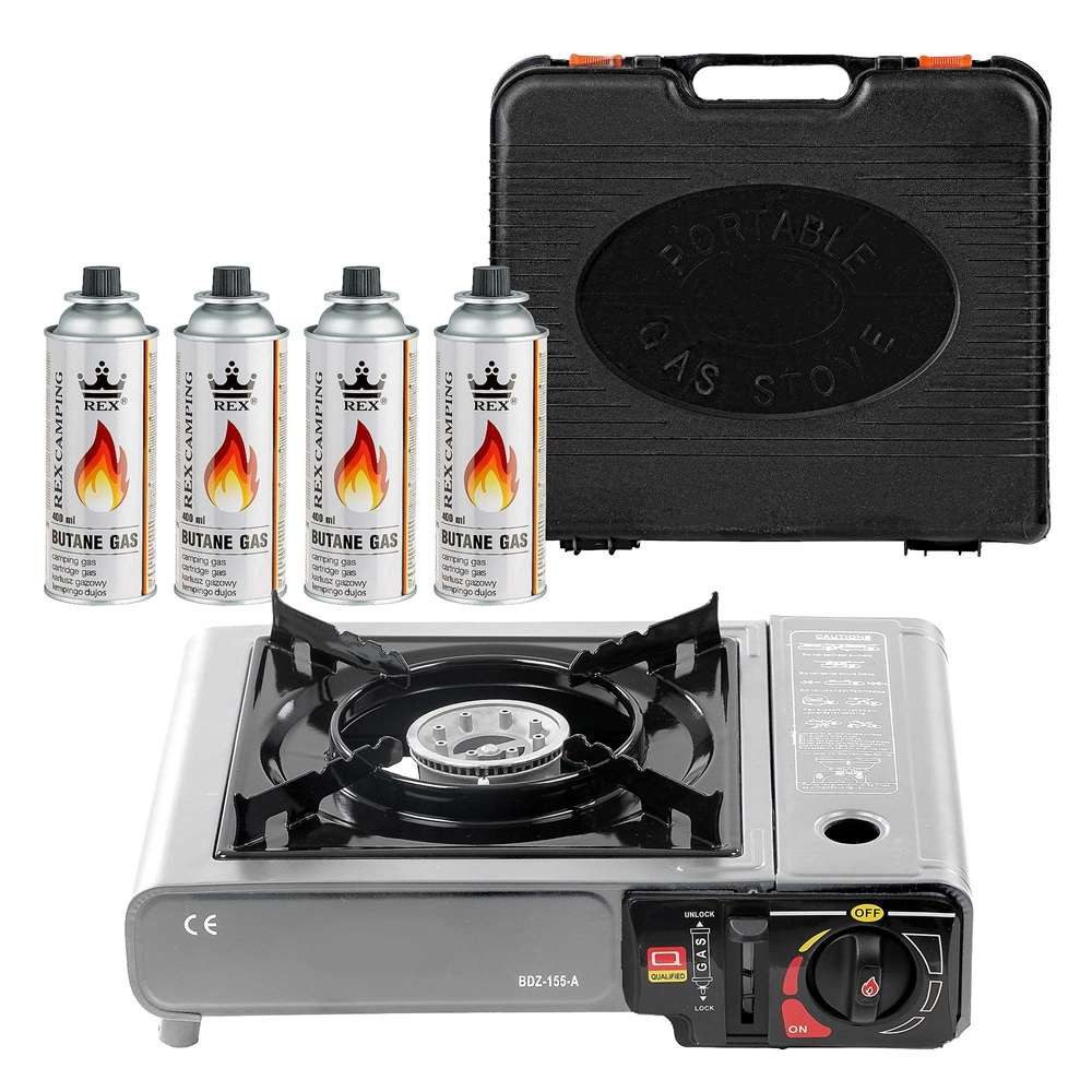 Mianova Gaskocher Gaskocher Campingkocher Koffer Butangas Tisch Herd Notfallkocher Grau, (Stabiler Kartuschenkocher mit Piezozündung für Outdoor und Stromausfall), Butangas Campingkocher Campinggaskocher 2,2 kW mit Piezozündung