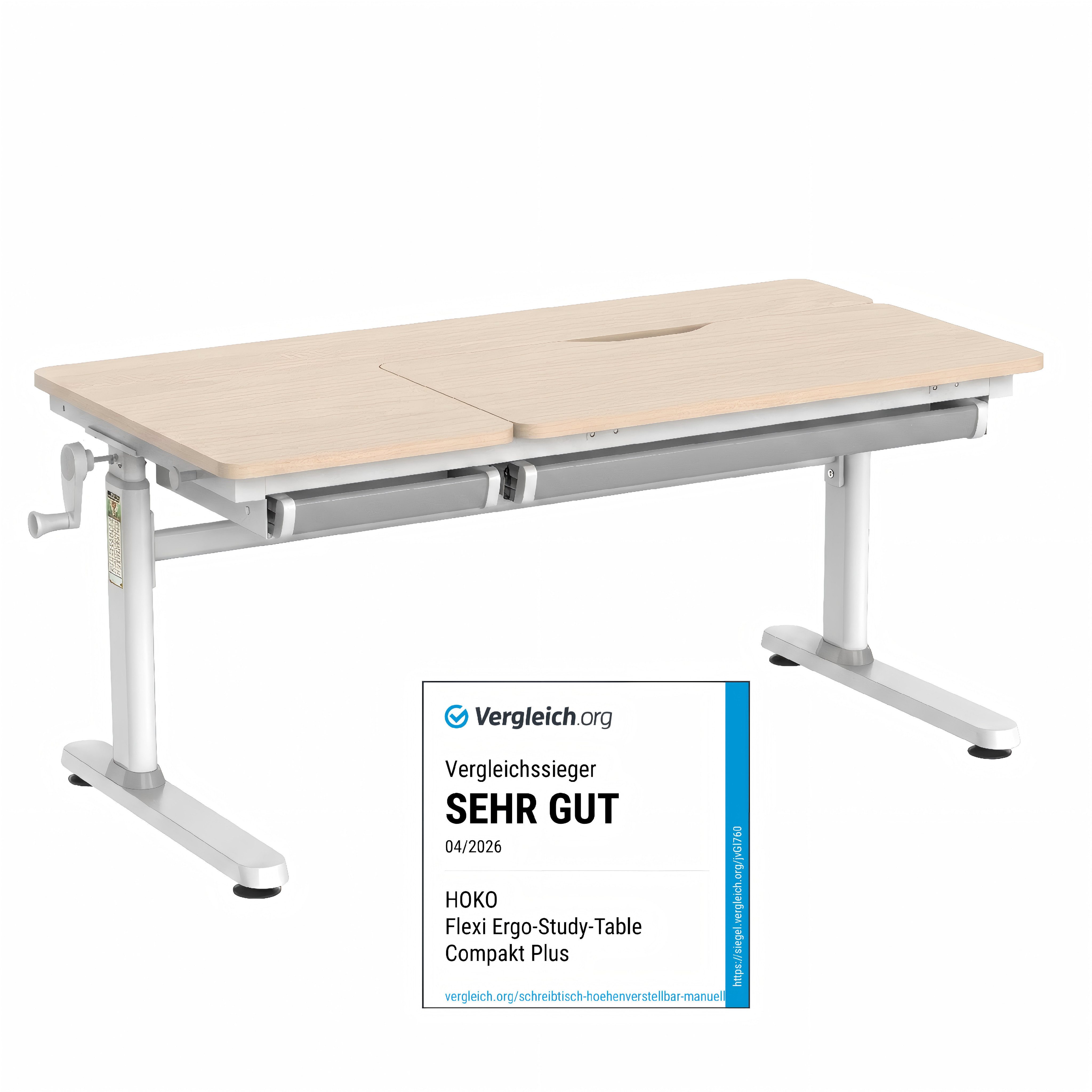 HOKO Kinderschreibtisch höhenverstellbar 54-76 cm, ergonomischer Schreibtisch (für Kinder & Jugendliche, 120x60 cm, neigbare Tischplatte mit Schubladen, stabil & belastbar bis 100 kg, Weiß, Holzfarben)