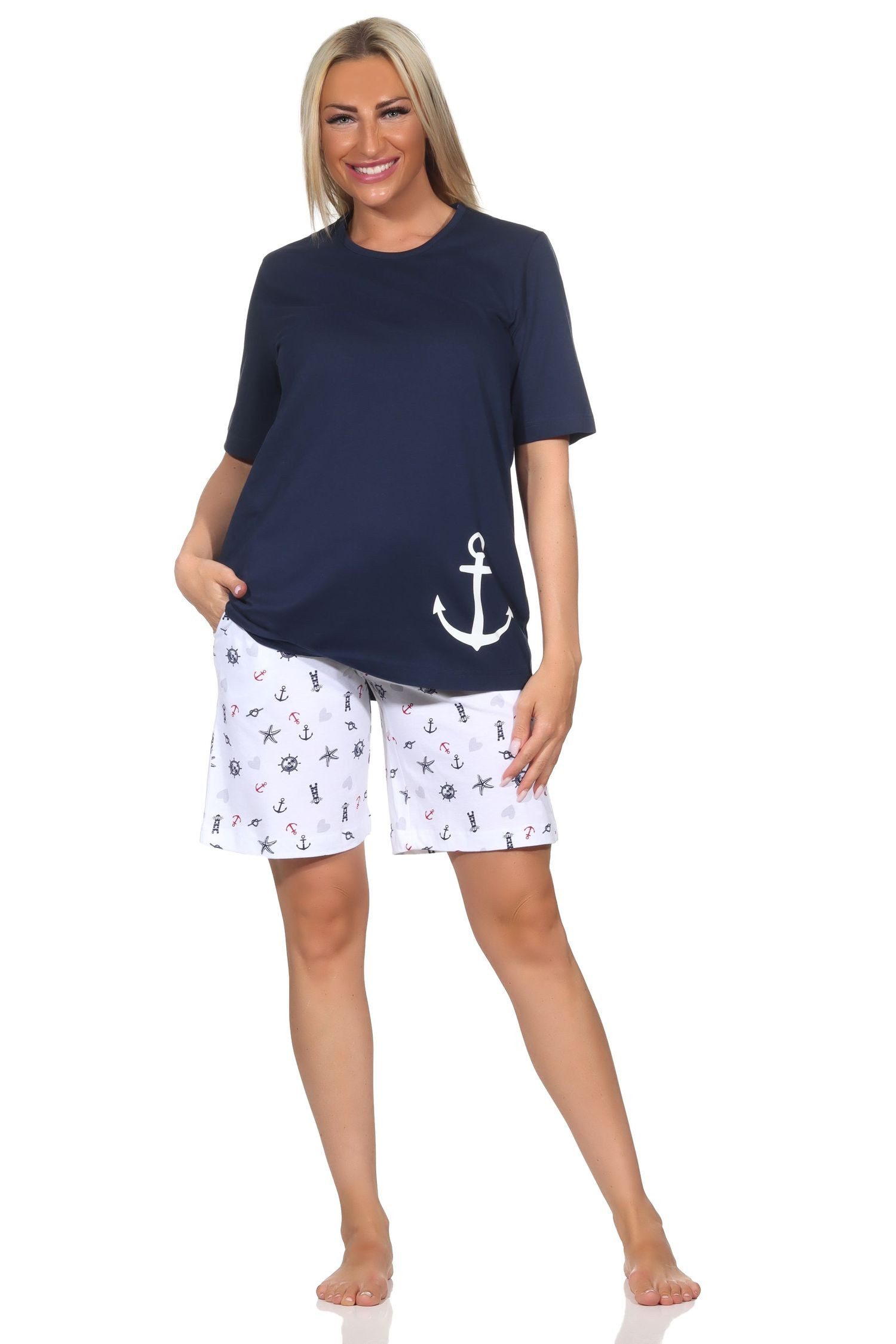 Normann Pyjama Damen kurzarm Schlafanzug Shorty in maritimer Optik-auch in Übergröße