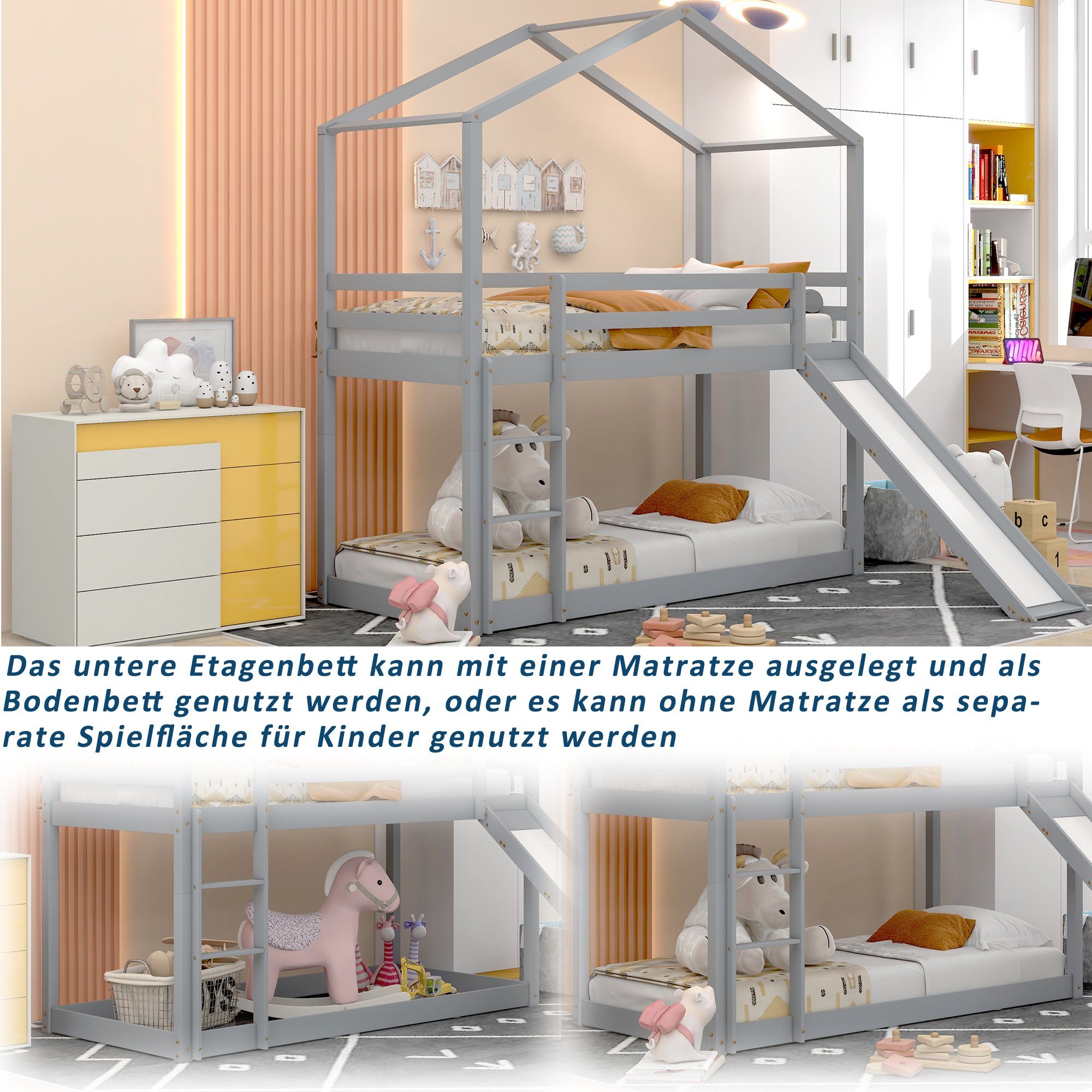 Etagenbett (Kinderbett Hausbett 90x200 cm), Hochbett mit Lattenrost, Rutsche, Rausfallschutz und Leiter, Kiefer