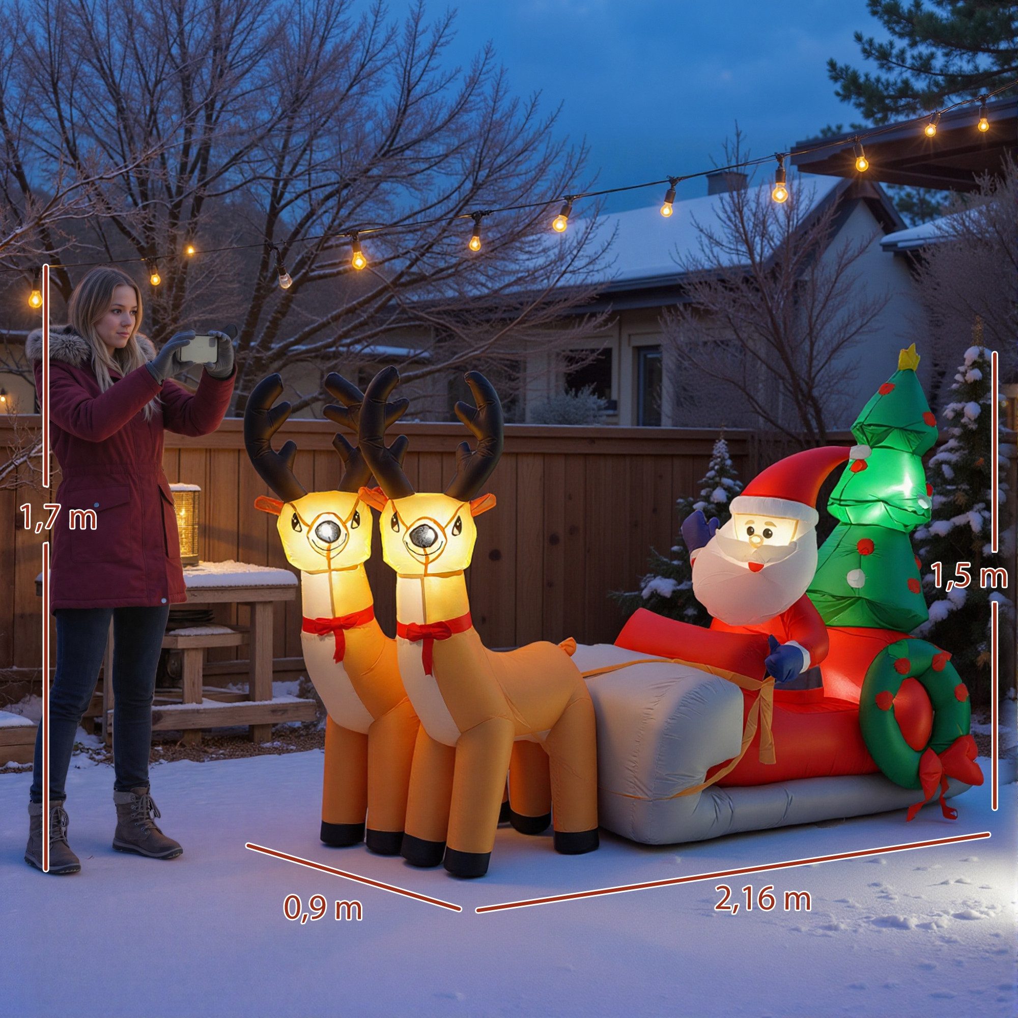 Outsunny Weihnachtsfigur aufblasbar Weihnachtsbaum, 216 cm, für Rasen, Hof und Garten (Weihnachtsdekoration, 1 St., Weihnachtsmann in Rentierschlitten), LED-Lichter, Mehrfarbig