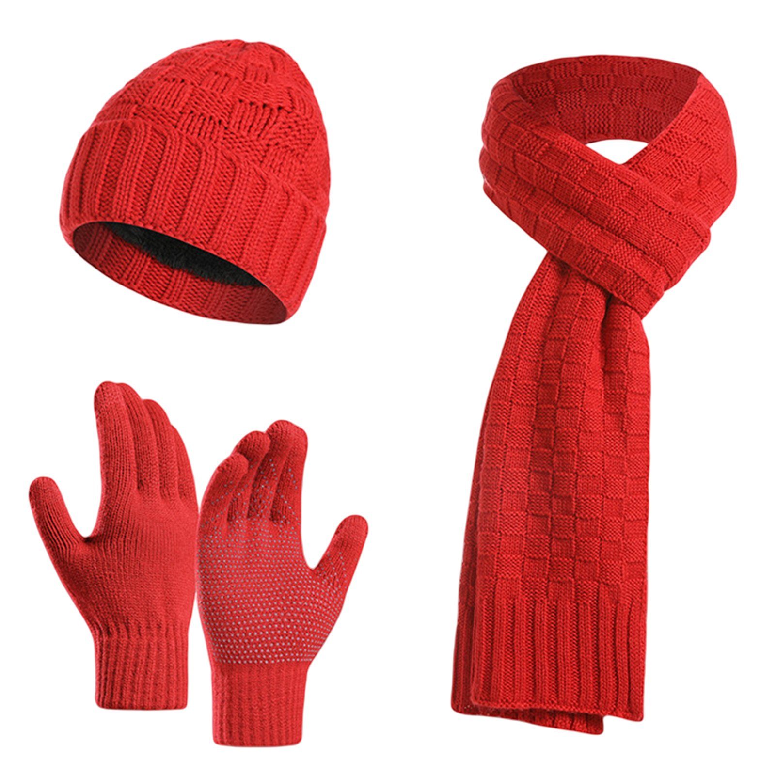 Rutaqian Strickmütze Winter Warm Mütze Schal und Handschuhe Set für Herren und Damen (Dreiteiliges, kältebeständiges, warmes Fleece-Set für den Außenbereich) Rot