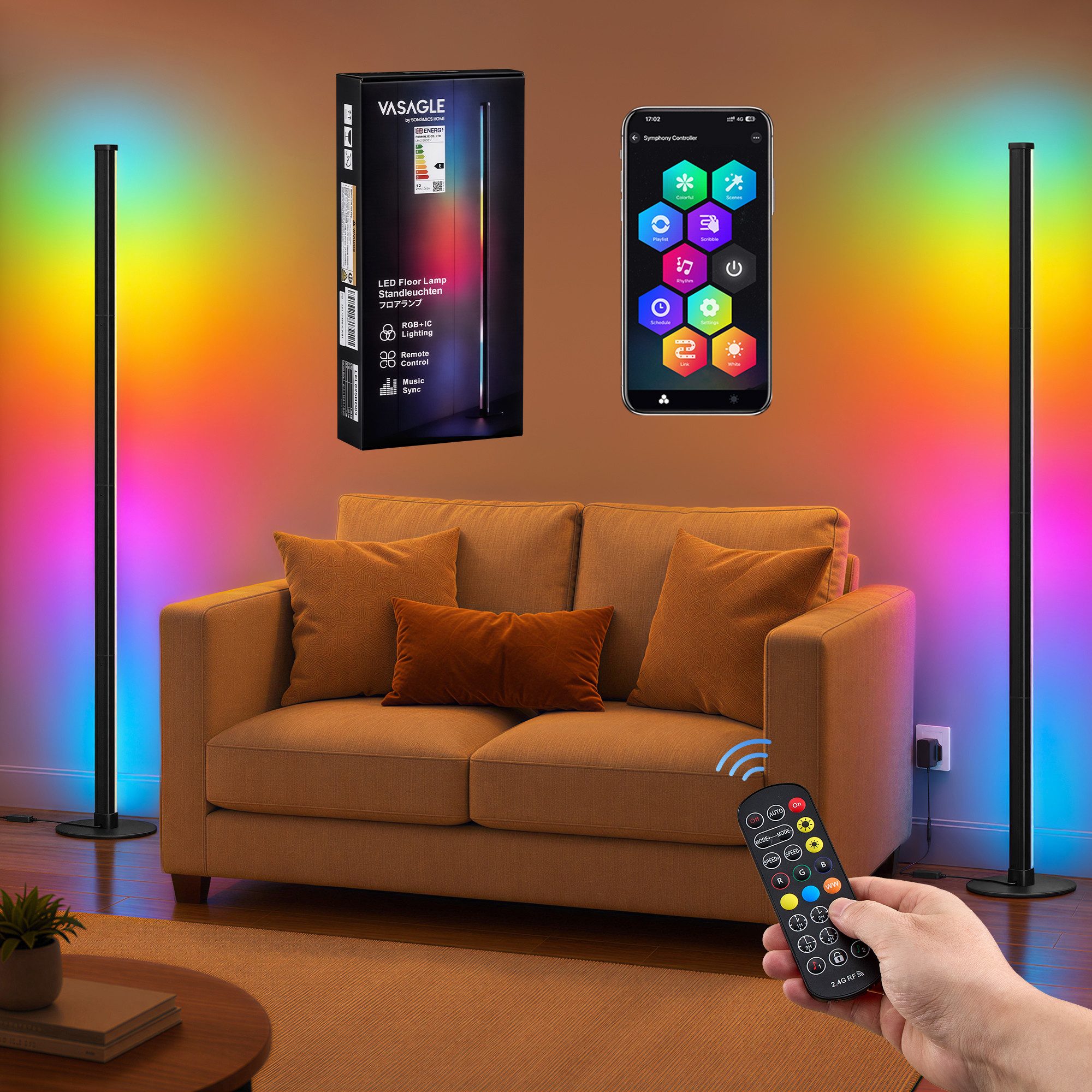 VASAGLE Stehlampe LED Wohnzimmer, Lampe Schlafzimmer, 18 x 18 x 139,4 cm, RGB, Moderne Deko Lampe mit App-Steuerung und Musik-Sync, 2er Set