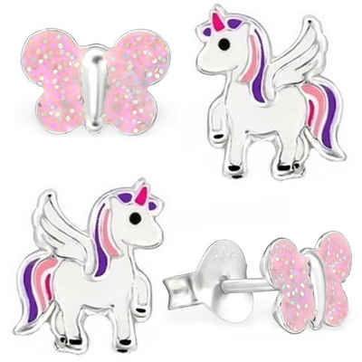 Goldene Hufeisen Ohrstecker-Set 2 Paar Set Kinder Ohrstecker Schmetterling + Einhorn 925 Silber (2 Paar Set, inkl. Etui), Kinderschmuck, Geschenkidee