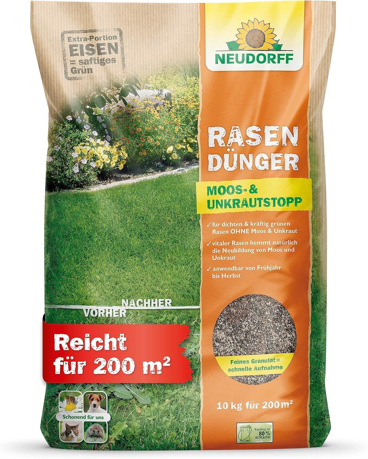 Neudorff Rasendünger RasenDünger Moos- & UnkrautStopp 10 kg, Rasendünger mit Moosvernichter, schonend für Hund, Katze Igel & Bienen, Eisen und Kalium sorgt für dichten, grünen Rasen ohne Moos und Unkraut, auch für Rasenflächen geeignet, die mit Mährobotern gepflegt werden