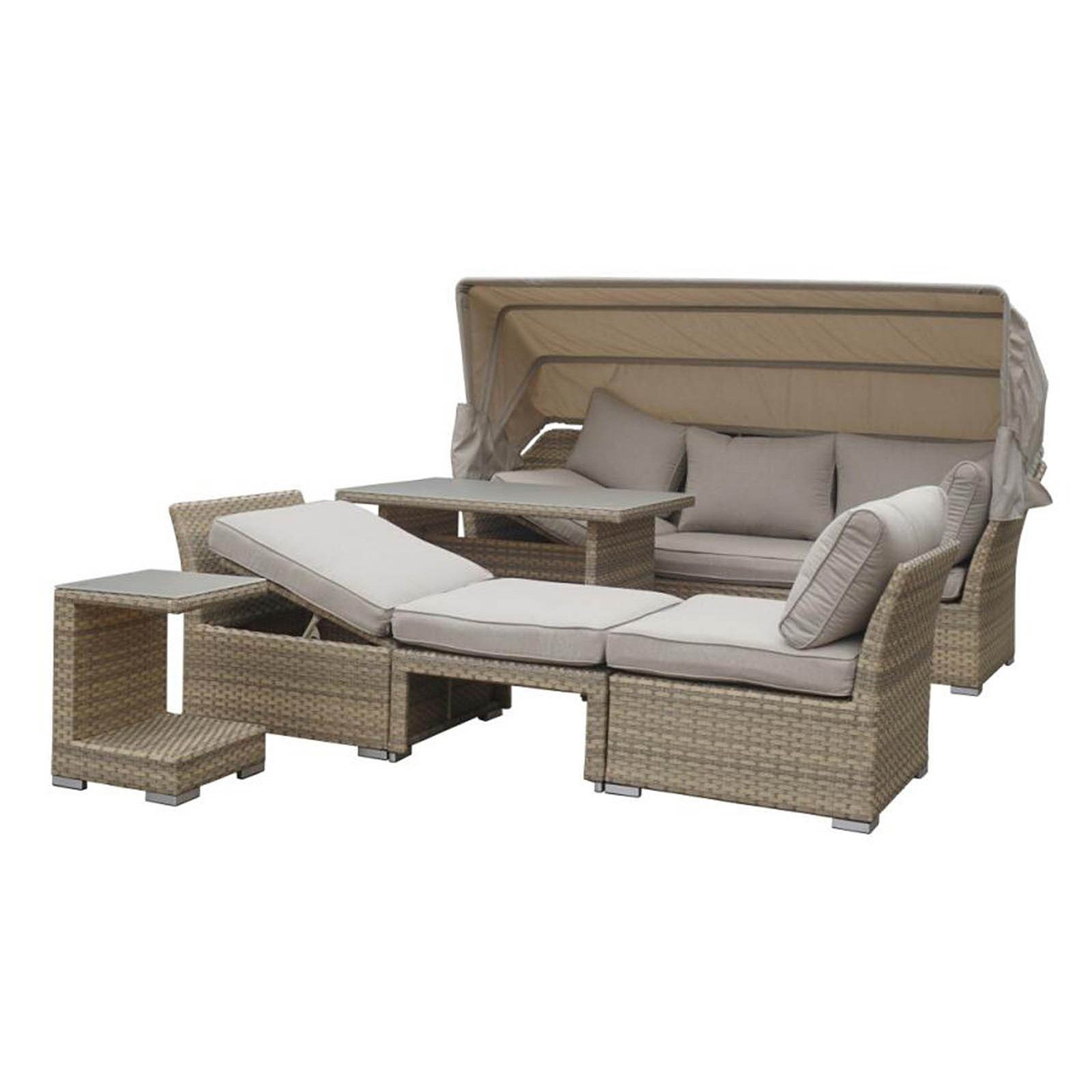 HTI-Line Gartenlounge-Set Loungemöbel-Set Sonneninsel, (Set, 6-tlg., 1 Sofa mit Sonnendach, 2 Sessel, 1 Hocker, 1 Tisch, 1 Beistelltisch), Loungegarnitur Gartenmöbel Terrassenmöbel