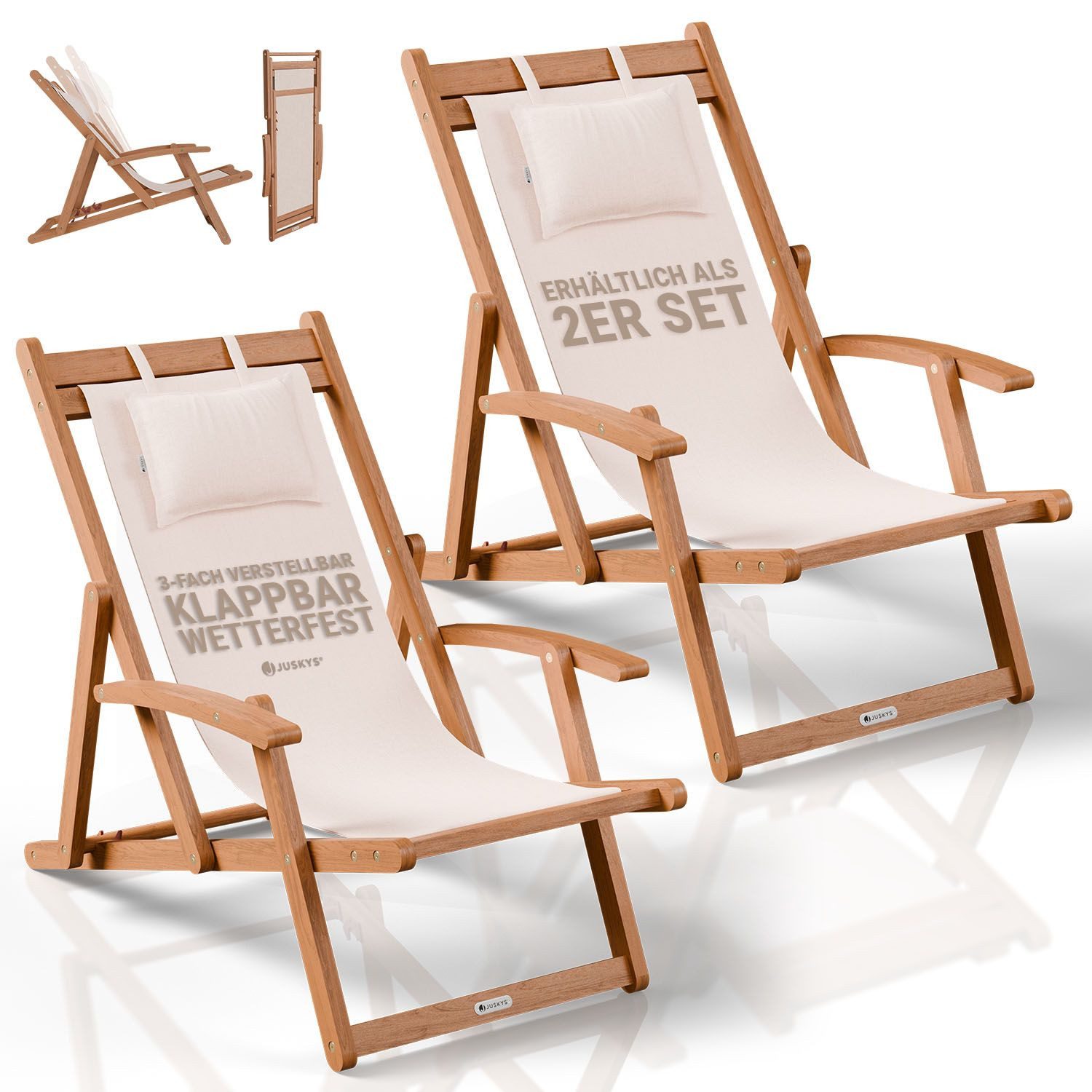 Juskys Gartenliege Tavira, 2er Set, 2 St., Verstellbare Lehne, Klappbar, Abnehmbares Kopfkissen