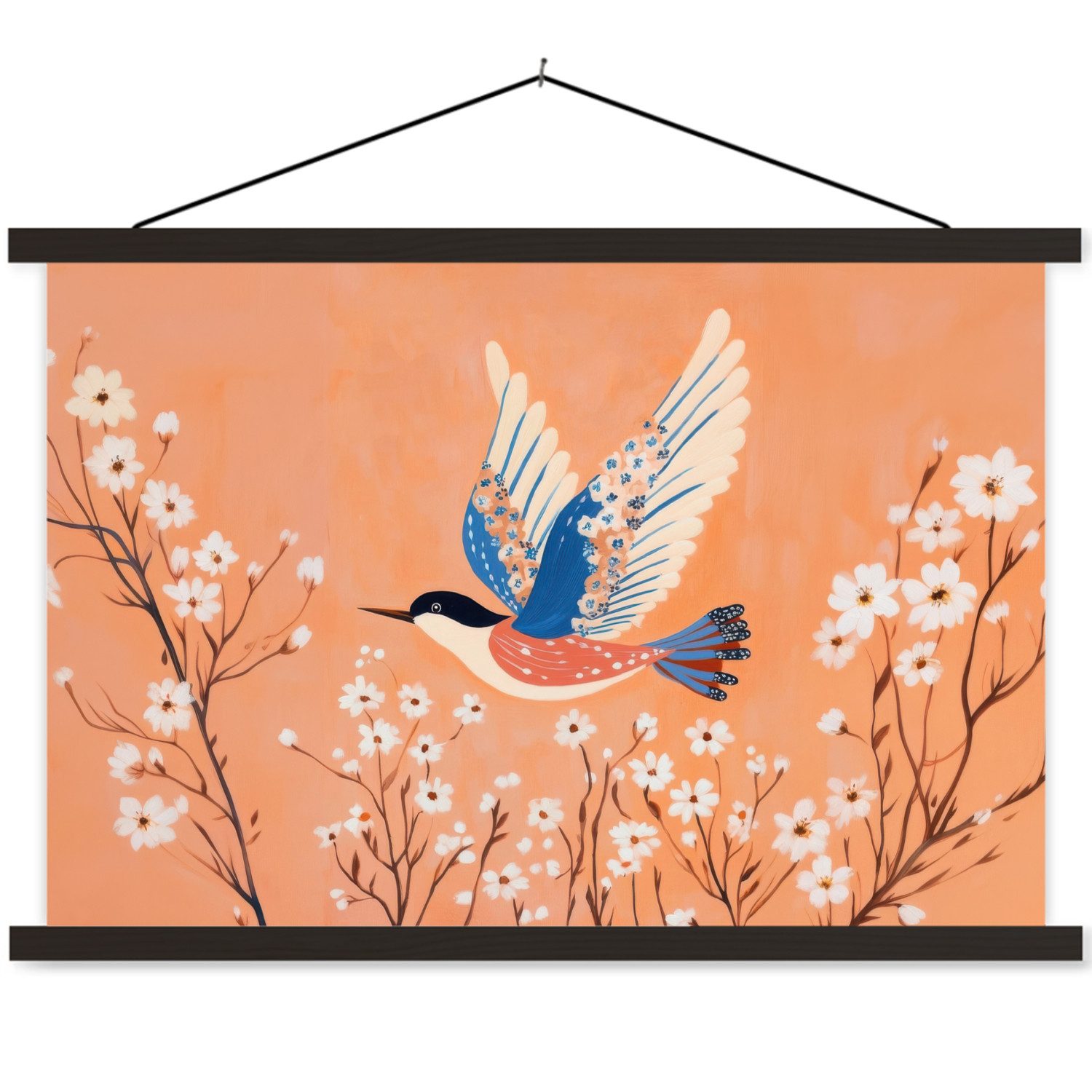 Poster Vogel - Blütenzweige - Warm - Farbenfroh