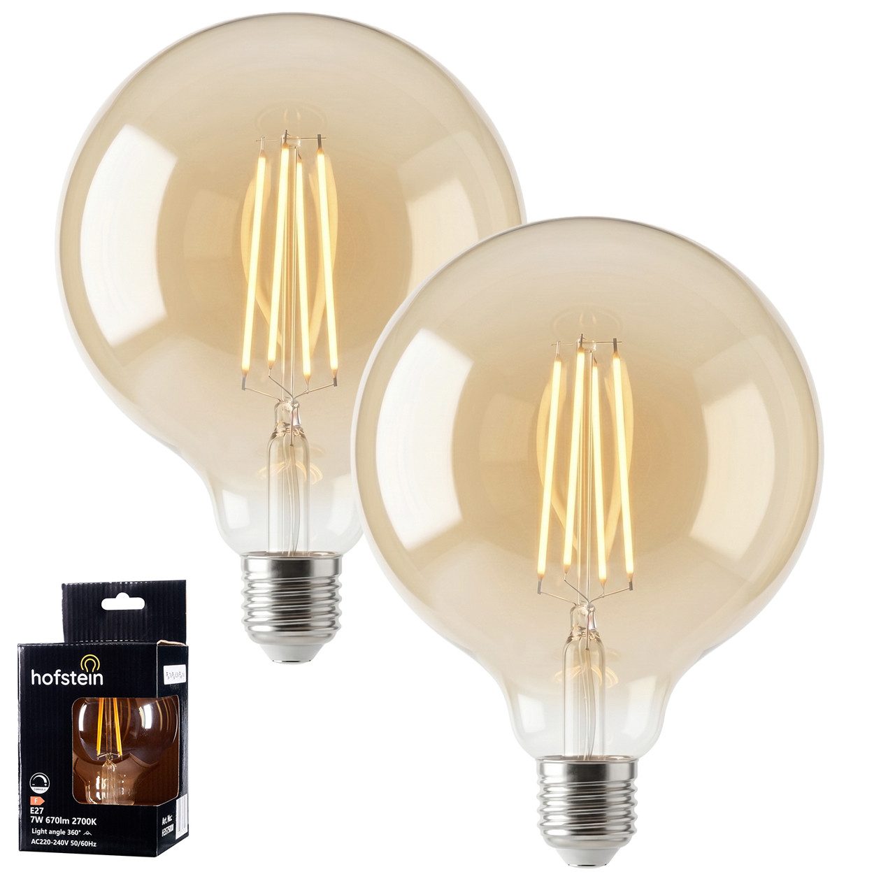 hofstein LED-Leuchtmittel 2er Set Glühbirne Warmweiß dimmbar 7 Watt, E27, 2700 Kelvin, 670 Lumen, Globe Vintage, Filament, Amber