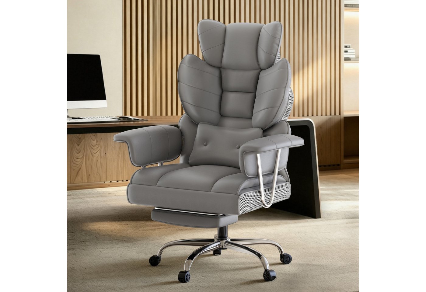 ZAISZE Bürostuhl Ergonomischer Leder Chefsessel mit Fußstütze – Komfort & Stil (Spar-Set), Hochlehner,Kopfstütze & Lordosenstütze,Höhenverstellbar & Drehbar