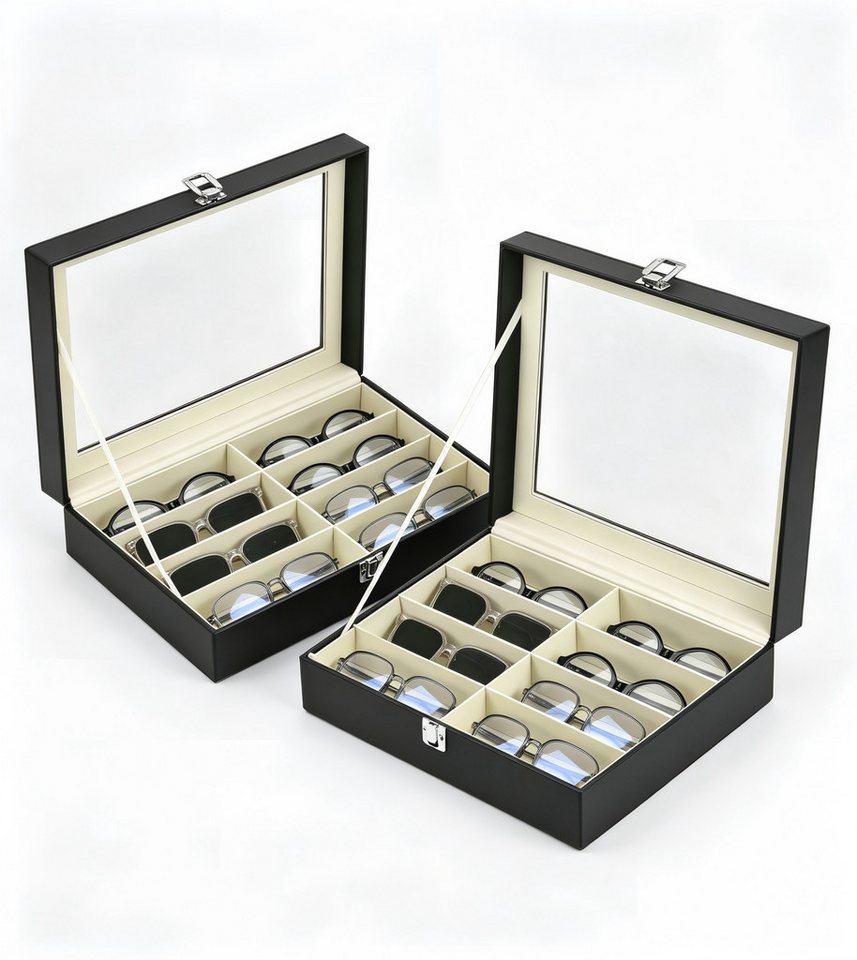 BlingBin Aufbewahrungsbox Schmuckkasten Brillenbox zur Aufbewahrung von 8 Brillen (2er Set, 2 St., 8 Fächer), 34 x 25 x 9 cm Sonnenbrillen Präsentation Brillendisplay