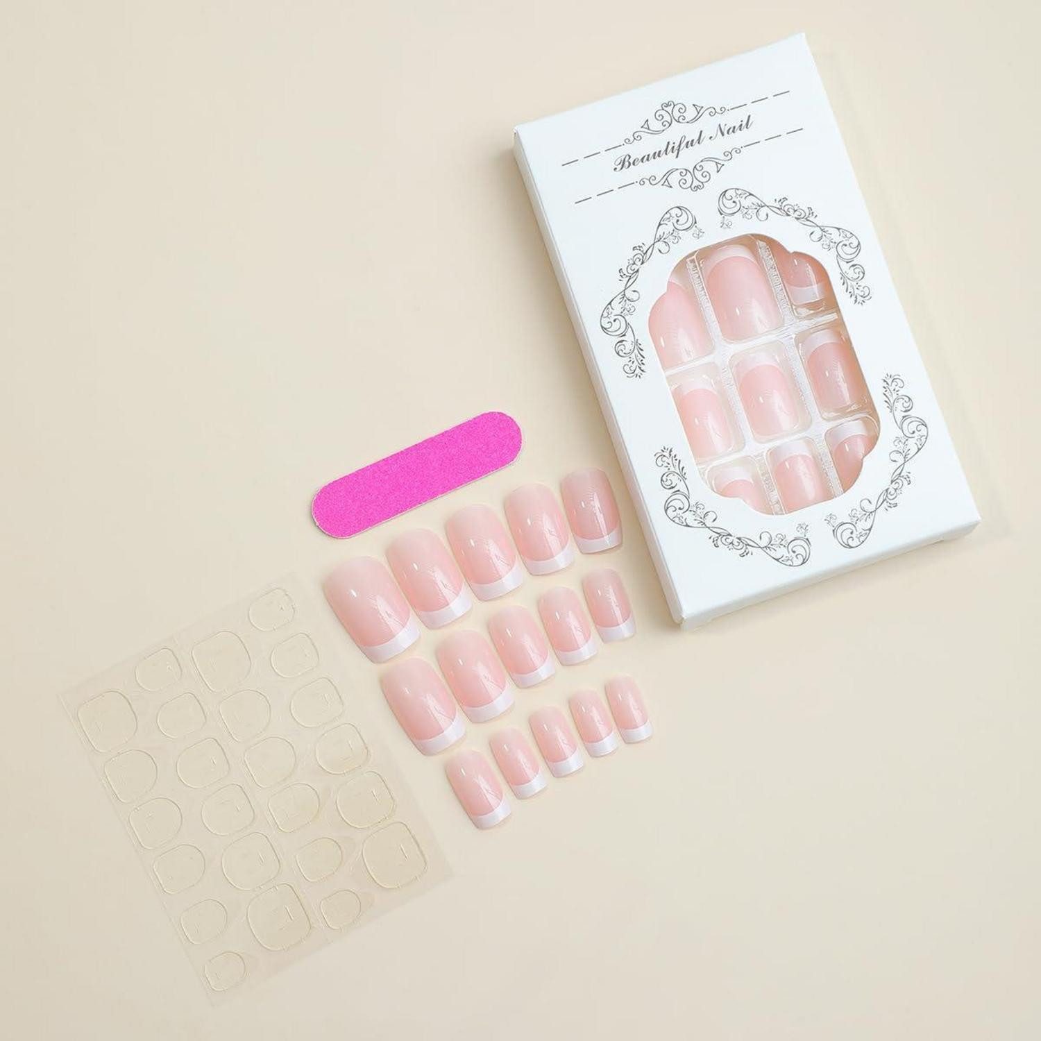 LuxusKollektion Kunstfingernägel 24 Stück Glossy Eckig Nägel Weiß Pink Künstliche Fingernägel – Bild 4 von 4