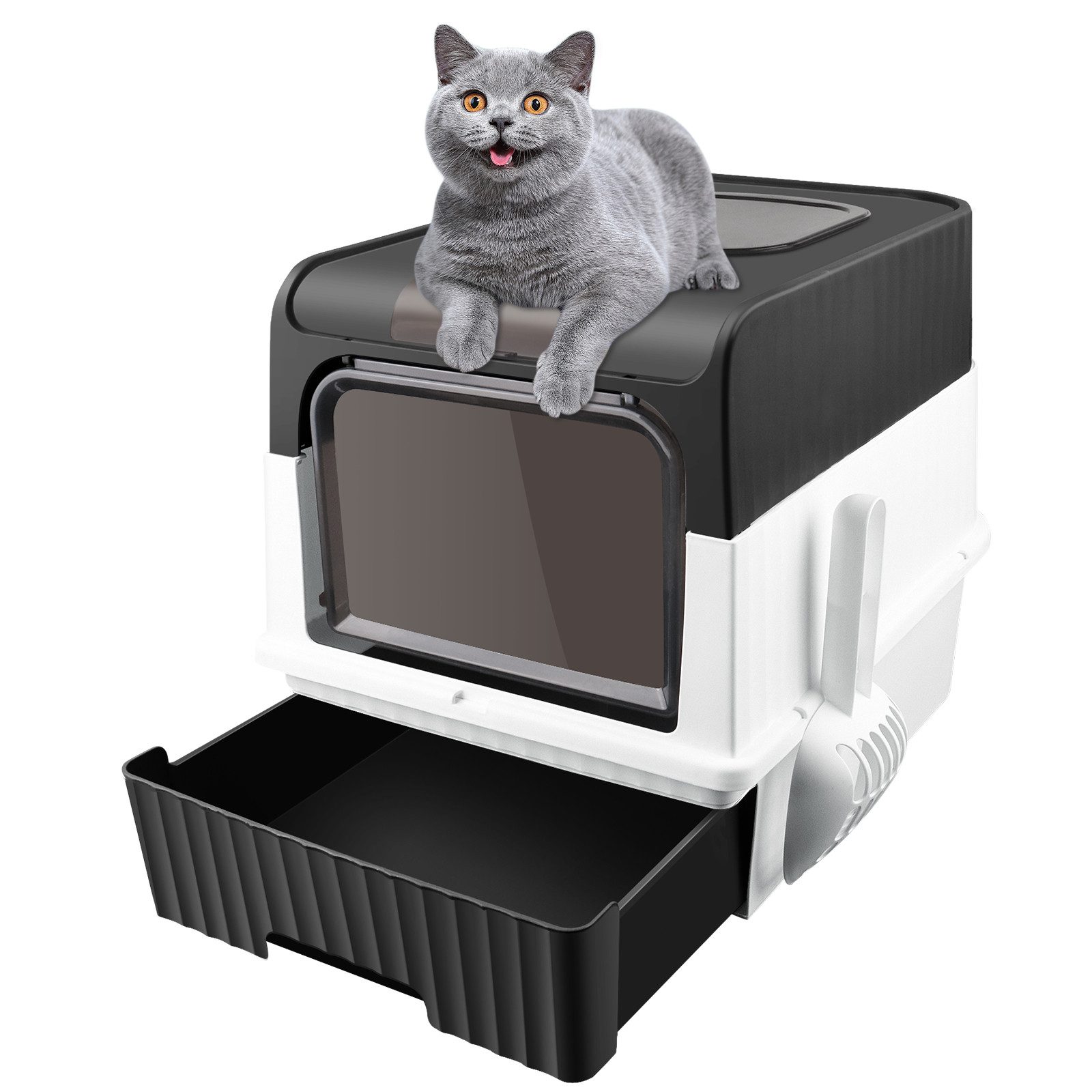 Katzentoilette Katzenklo Faltbare, Katzentoilette, mit Deckel, ausziehbares Tablett