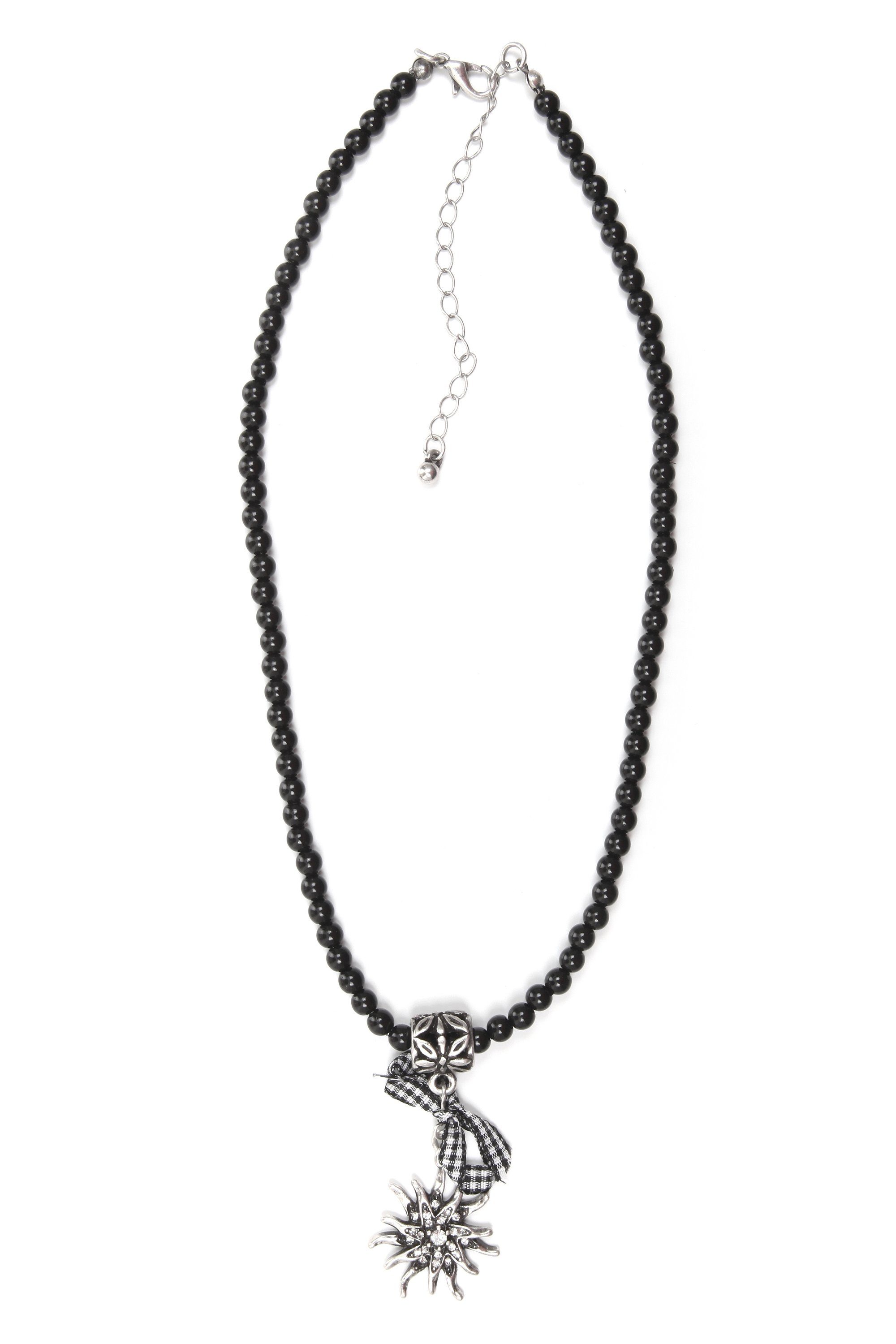Collier Edelweiss Et Cœur Strass Noir - Style Bavarois - Pour Dirndl Et Oktoberfest - Longueur Ajustable 32+8 Cm - Cadeau Festival