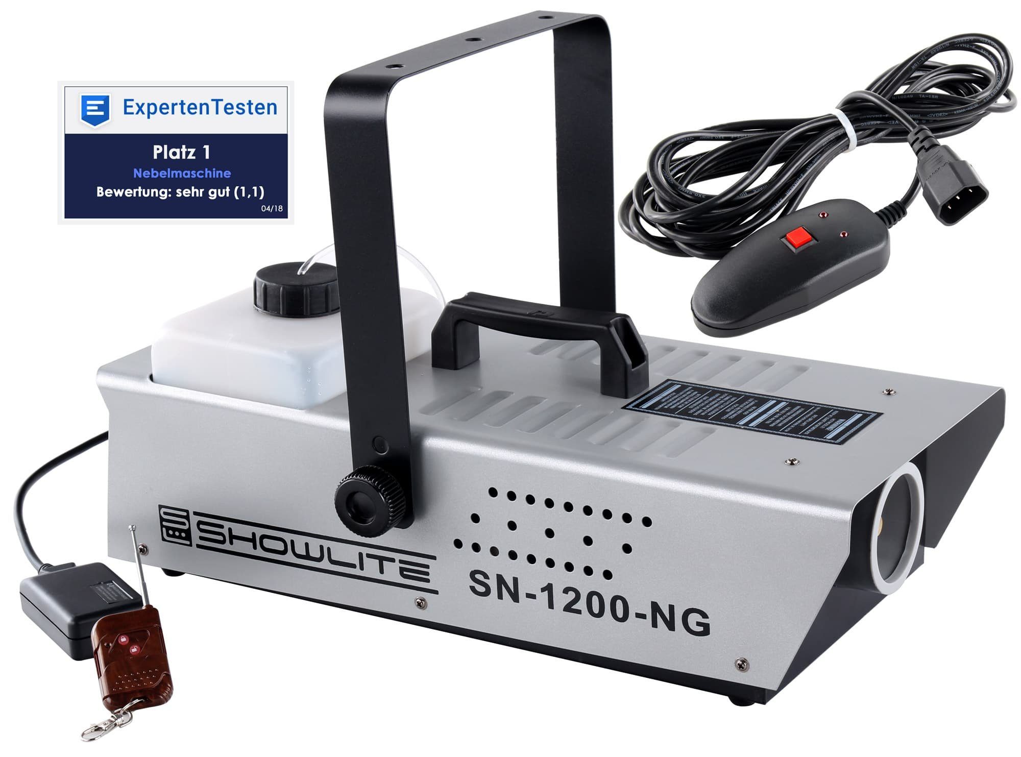 Showlite Discolicht SN-1200 Nebelmaschine 1200W, Smoke Machine, Funkfernbedienung mit bis zu 10m Reichweite