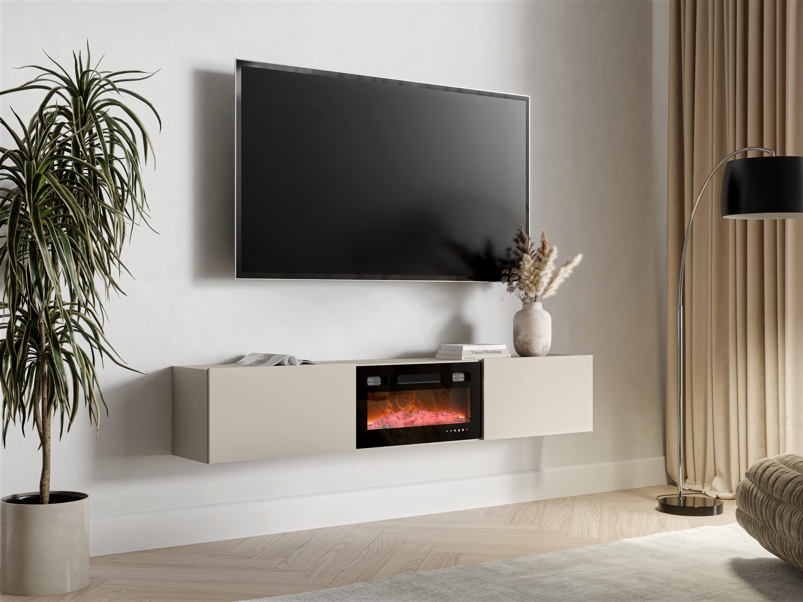 MIRJAN24 TV-Schrank Govi 180 EF mit Kamin (mit zwei Klappen) Realistische LED-Flamme, Heizfunktion, 180x32x33 cm – Bild 2 von 5