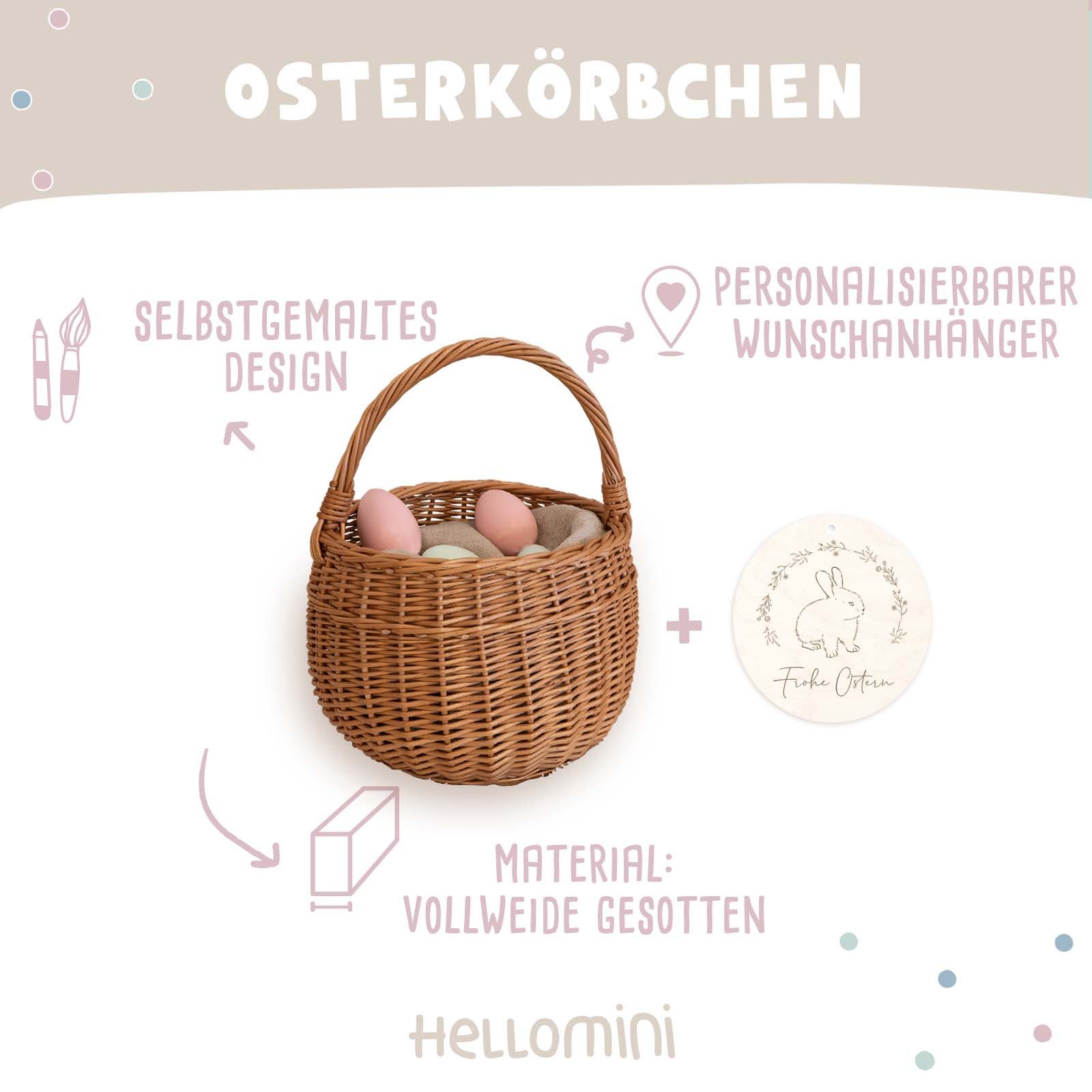 hellomini Dekokorb Osterkörbchen "Frohe Ostern" Flechtkorb Anhänger Gravur 2 Hasen klein