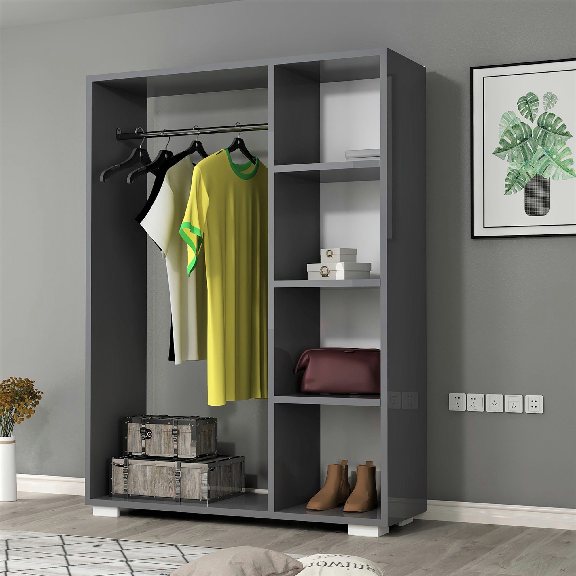 Garderobe en.casa Ablagen 4 »Nesbyen« Kleiderschrank | Anthrazit Anthrazit Anthrazit 123x90x30cm