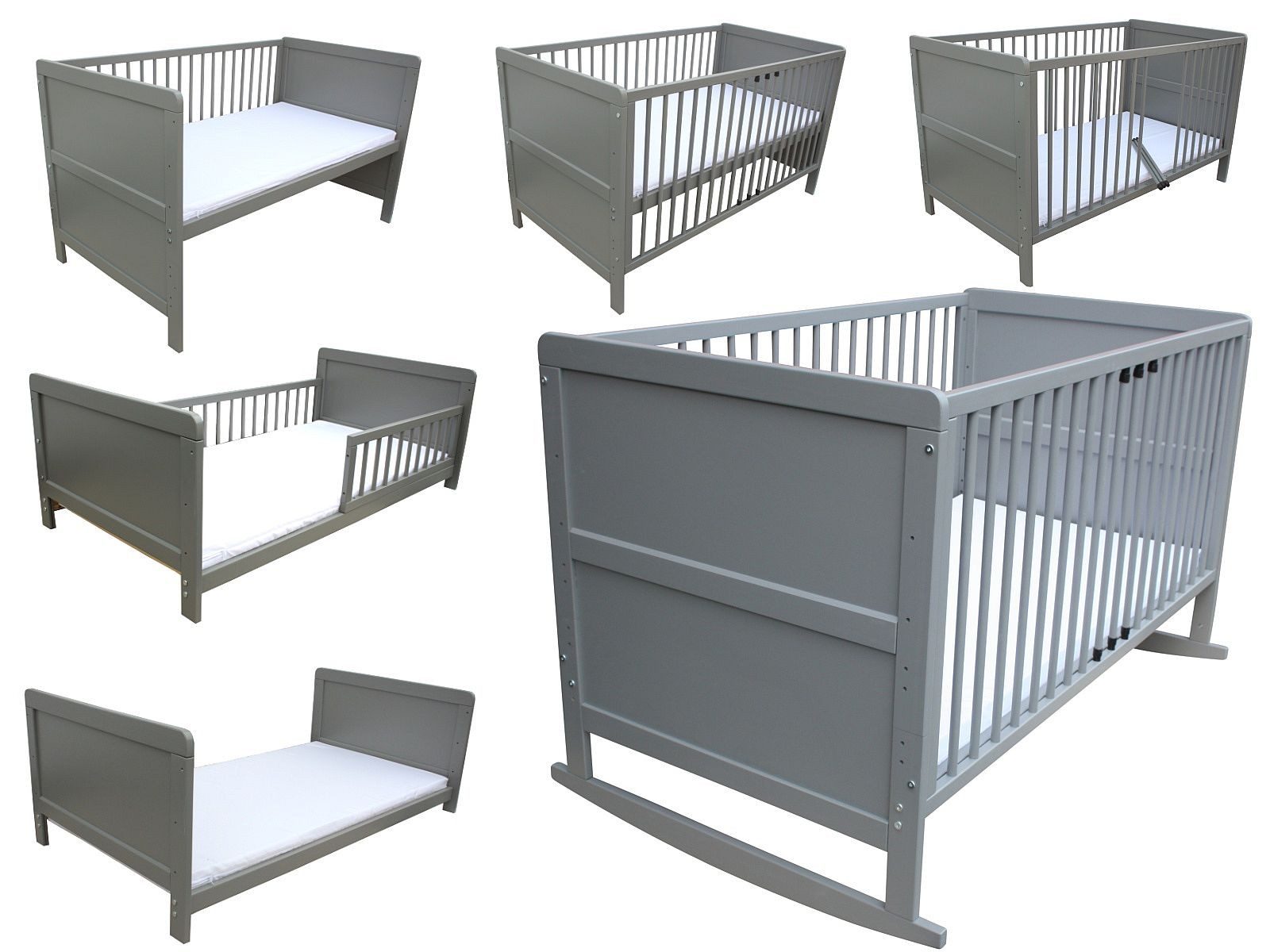 Kinderbett Kinderbett Juniorbett Beistellbett Wiege 140x70cm 4in1 + Matratze grau