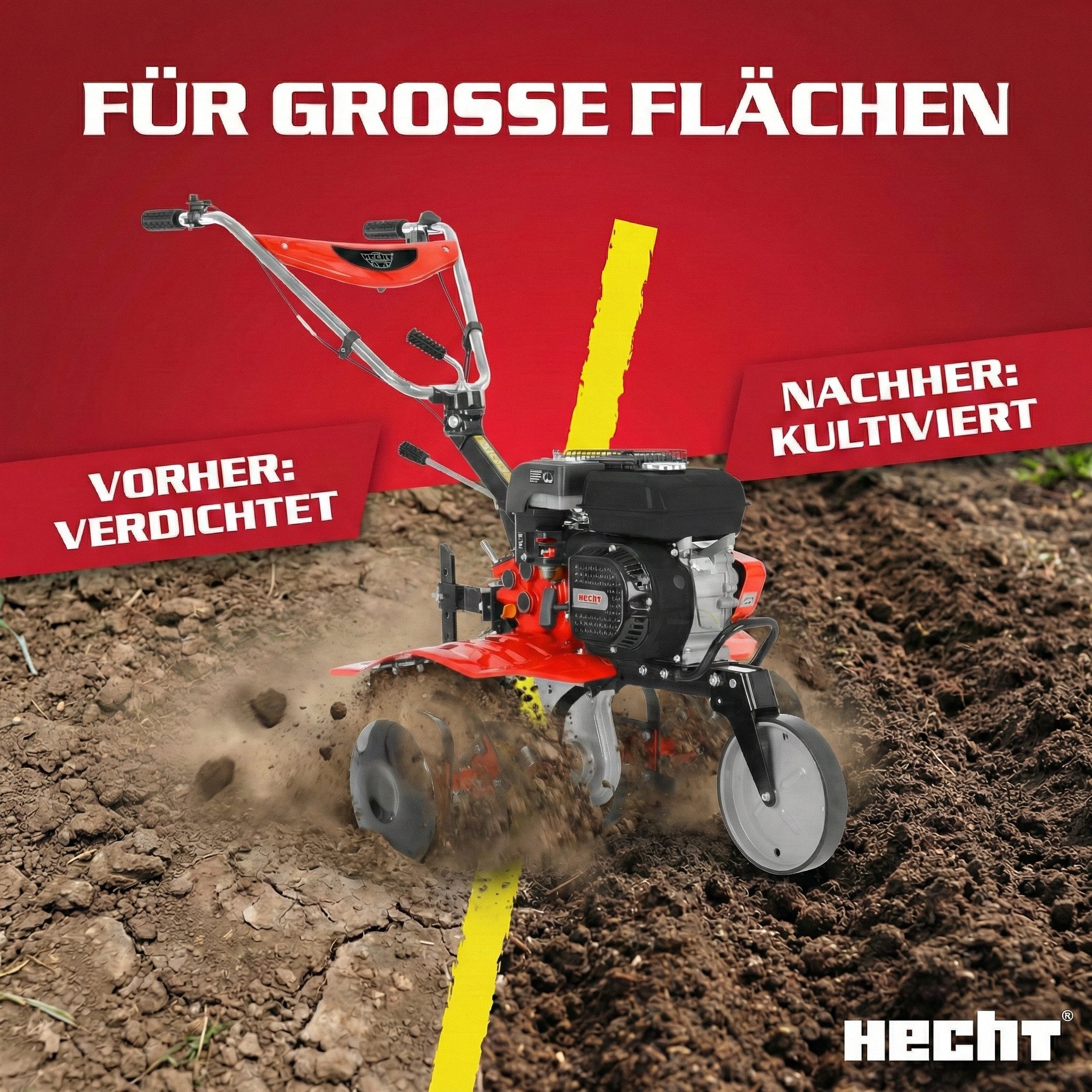 Hecht Benzinmotorhacke Gartenfräse 4,5kW 6,12PS 30cm Arbeitstiefe, 24 Messer, 80 cm Arbeitsbreite, Führungsrad, Tiefenmesser, Stahlgehäuse, Radsatz kompatibel
