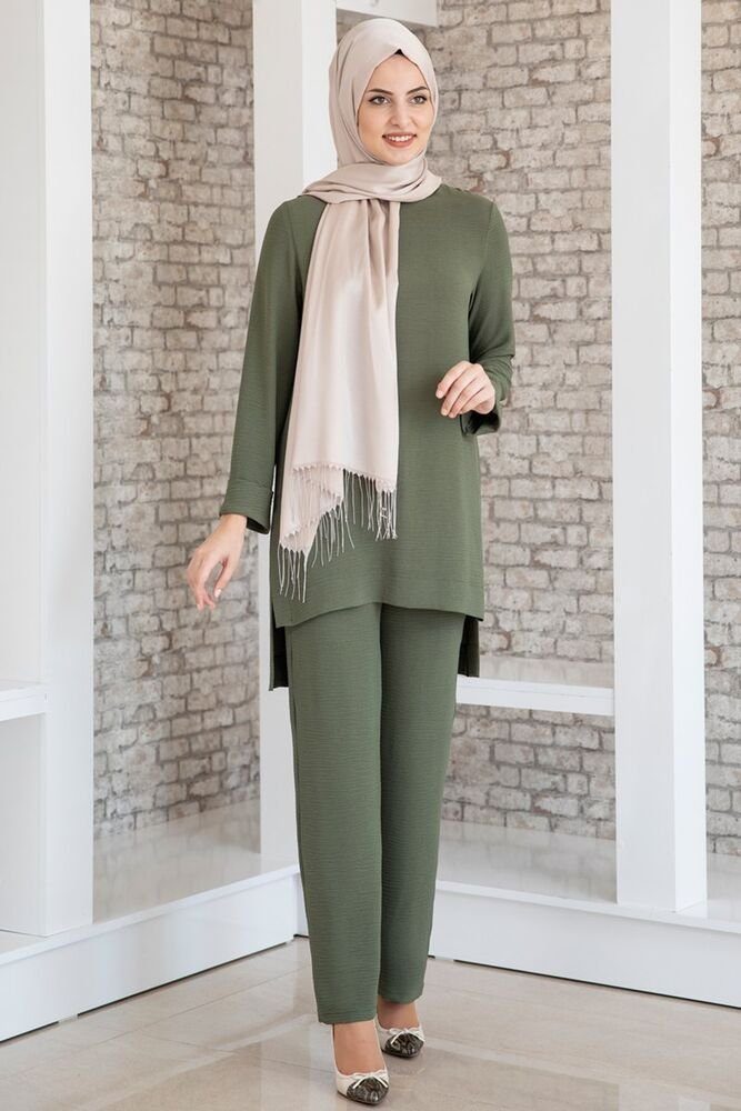 Modavitrini Longtunika Damen Tunika Anzug mit Hose Zweiteiler Hijab Mode Modest Fashion (Tunika mit Hose) Khaki