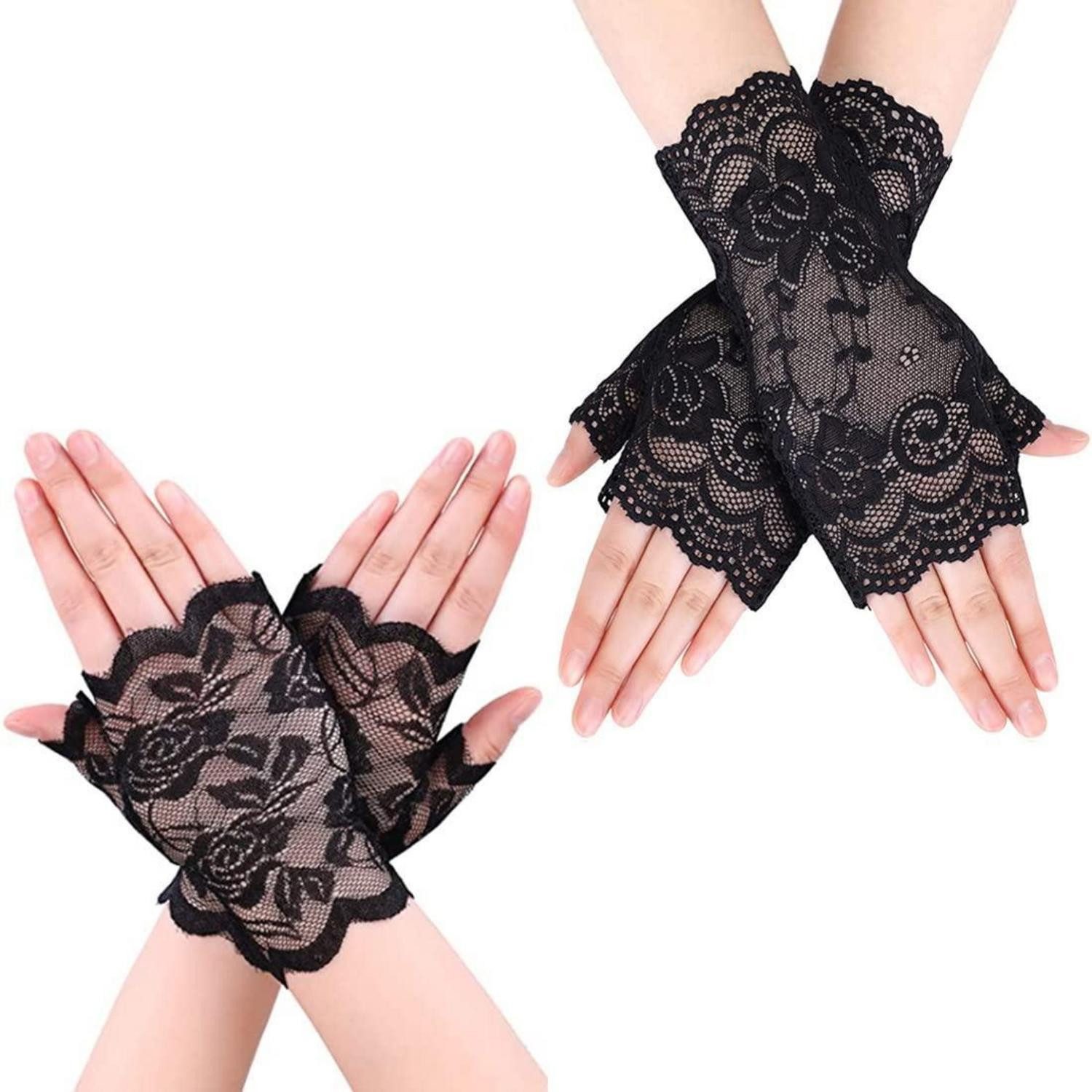 LuxusKollektion Kostüm Handschuhe Fingerlos Spitze Schwarz 2 Paar
