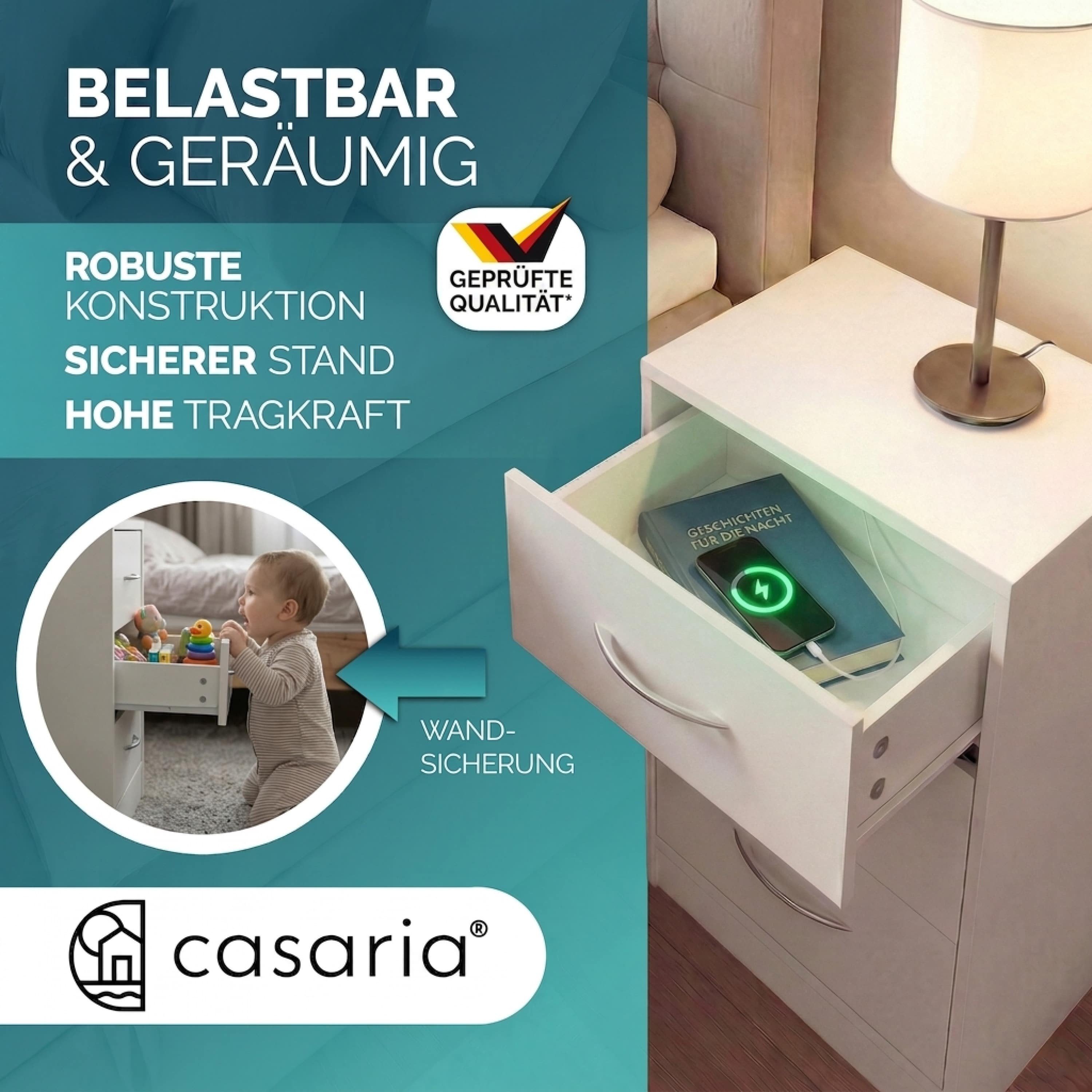 Casaria Nachttisch Eloise (1-St), mit 3 Schubladen Kabelführung Wandbefestigung Boxspringbett