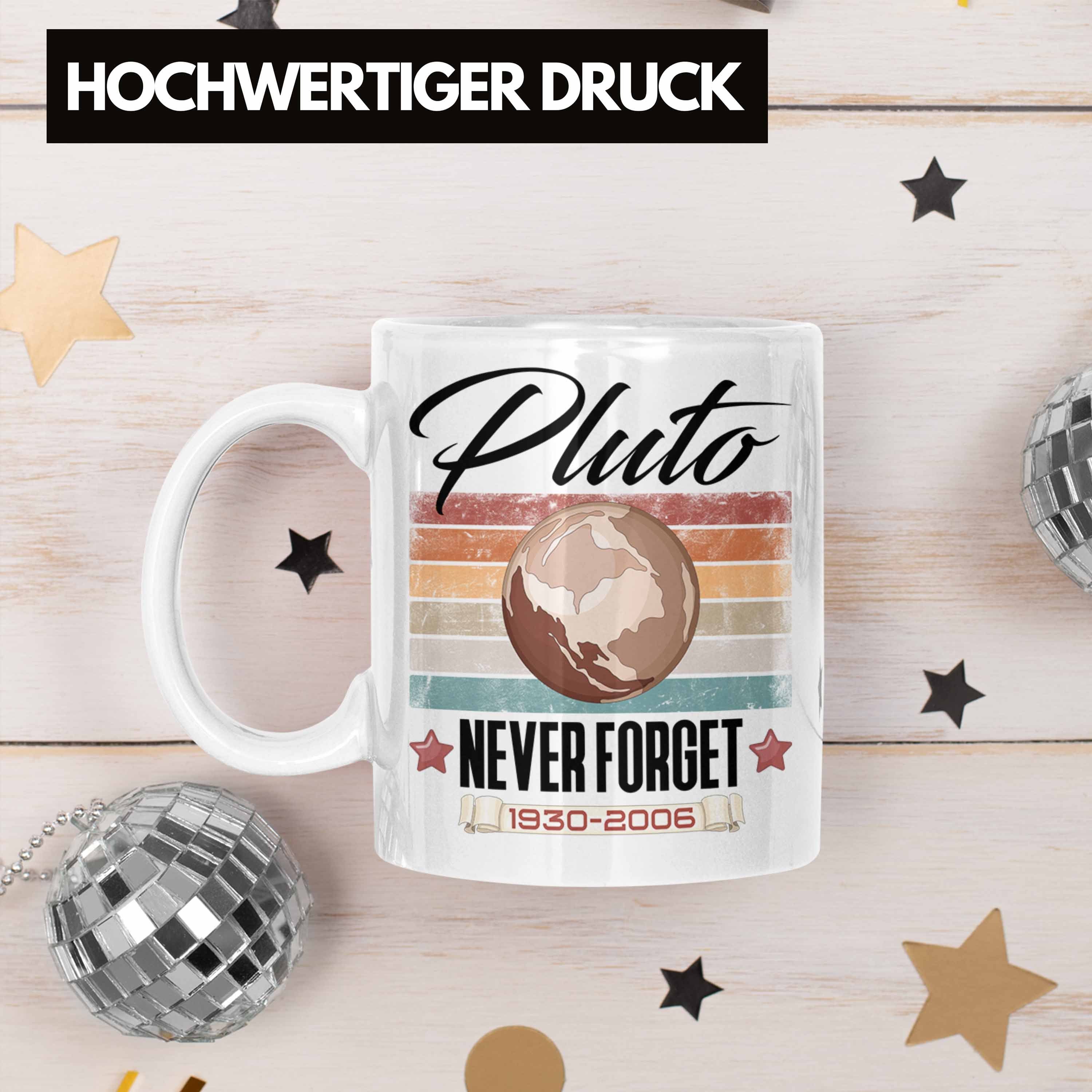 Trendation Tasse Tasse "Pluto Never Forget" Astronomie-Fans Geschenk Lustiges Weiss für