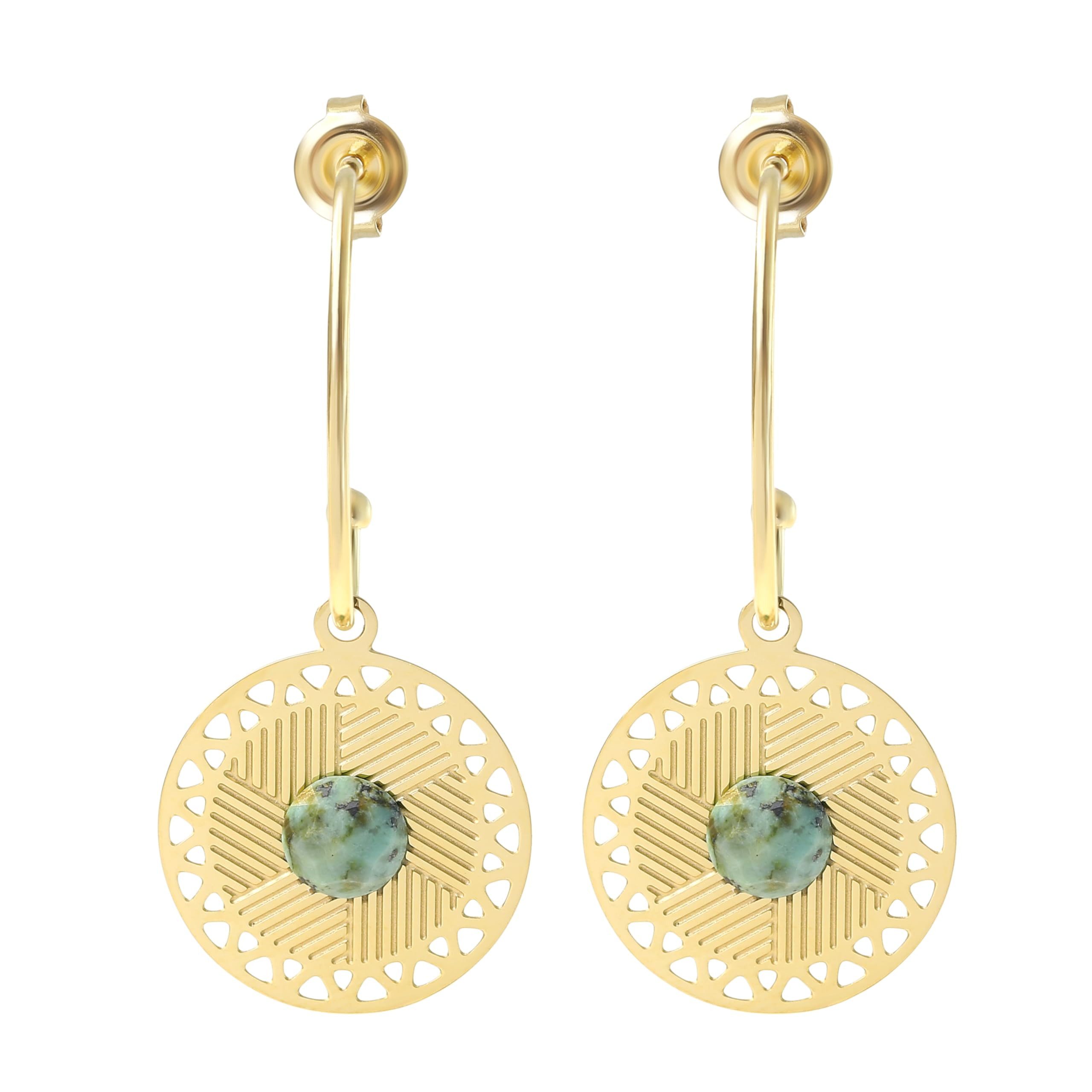 Made by Nami Ohrring-Set Hängend mit Sonnen mit Strahlen Anhänger und türkisem Stein Edelstahl, Boho Schmuck Damen Wasserfester Schmuck