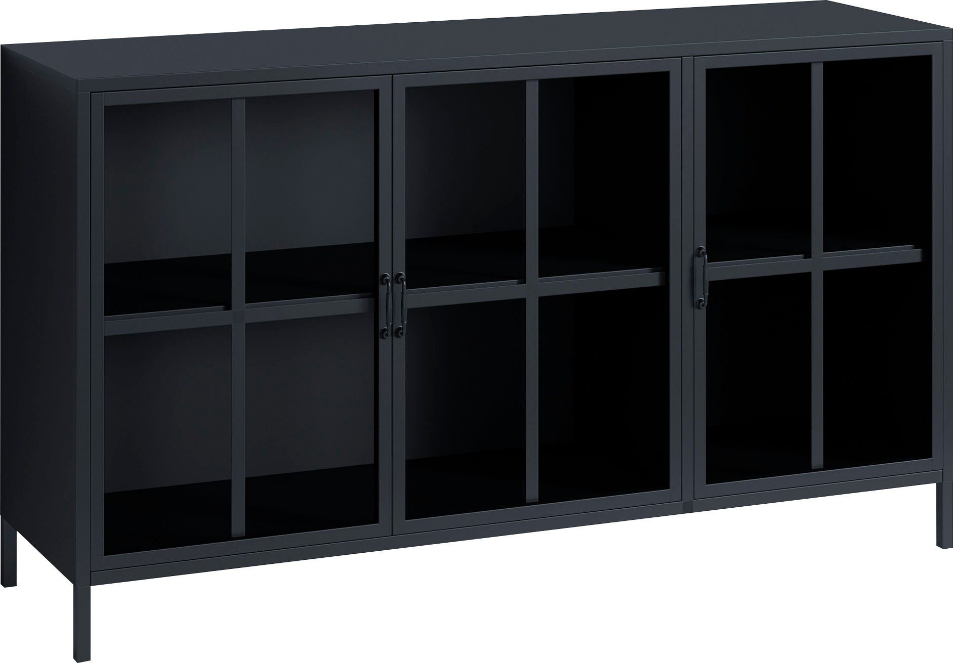 Homexperts Vitrine Choice Sideboard Oberfläche mit in designorientiertes mit matt pulverbeschichteter Metallmöbel Glastüren, schwarz