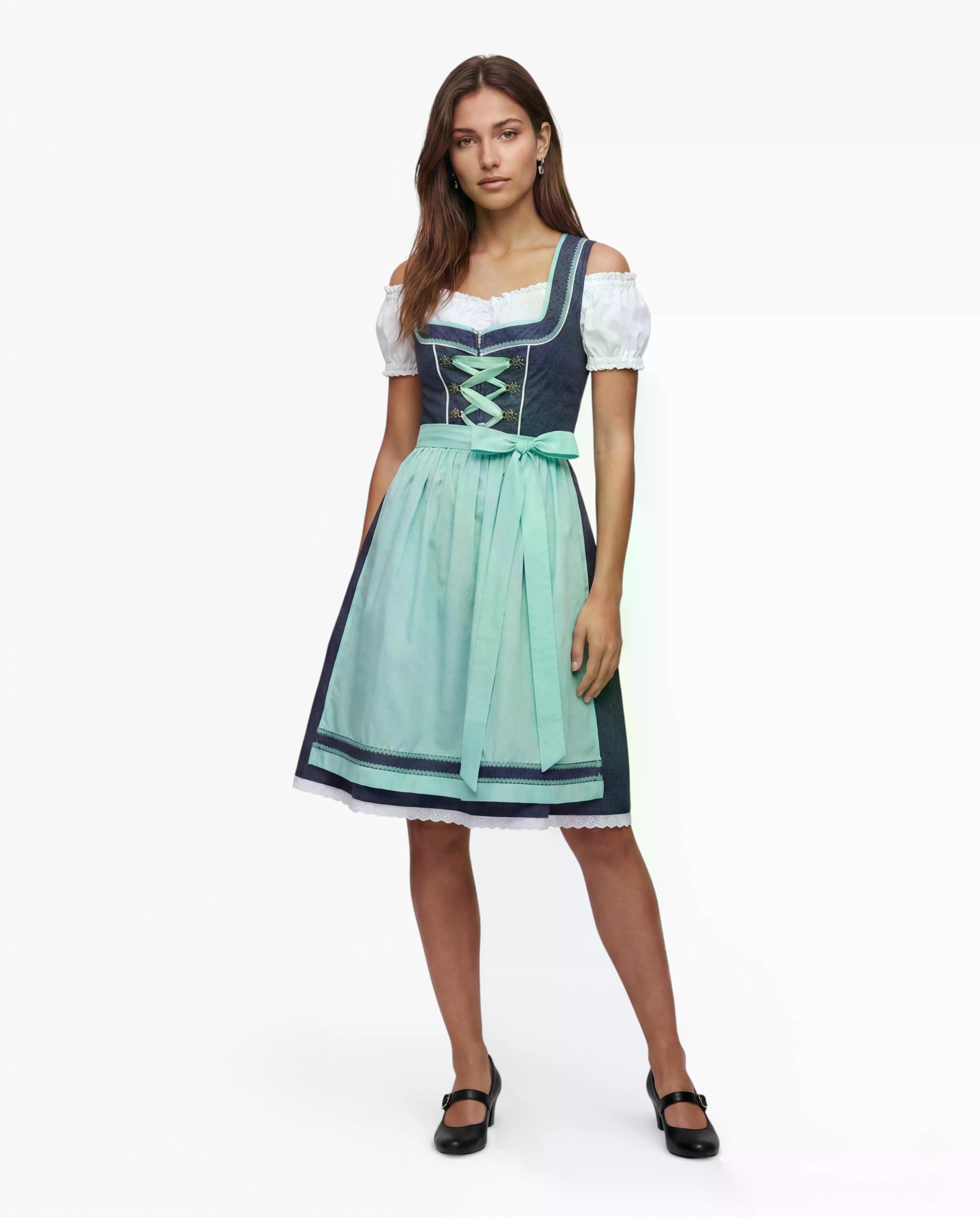 Ramona Lippert Dirndl Damendirndl Clara jeansoptik mint 3-teilig mit Bluse Rocklänge 60 cm (3-teilig)