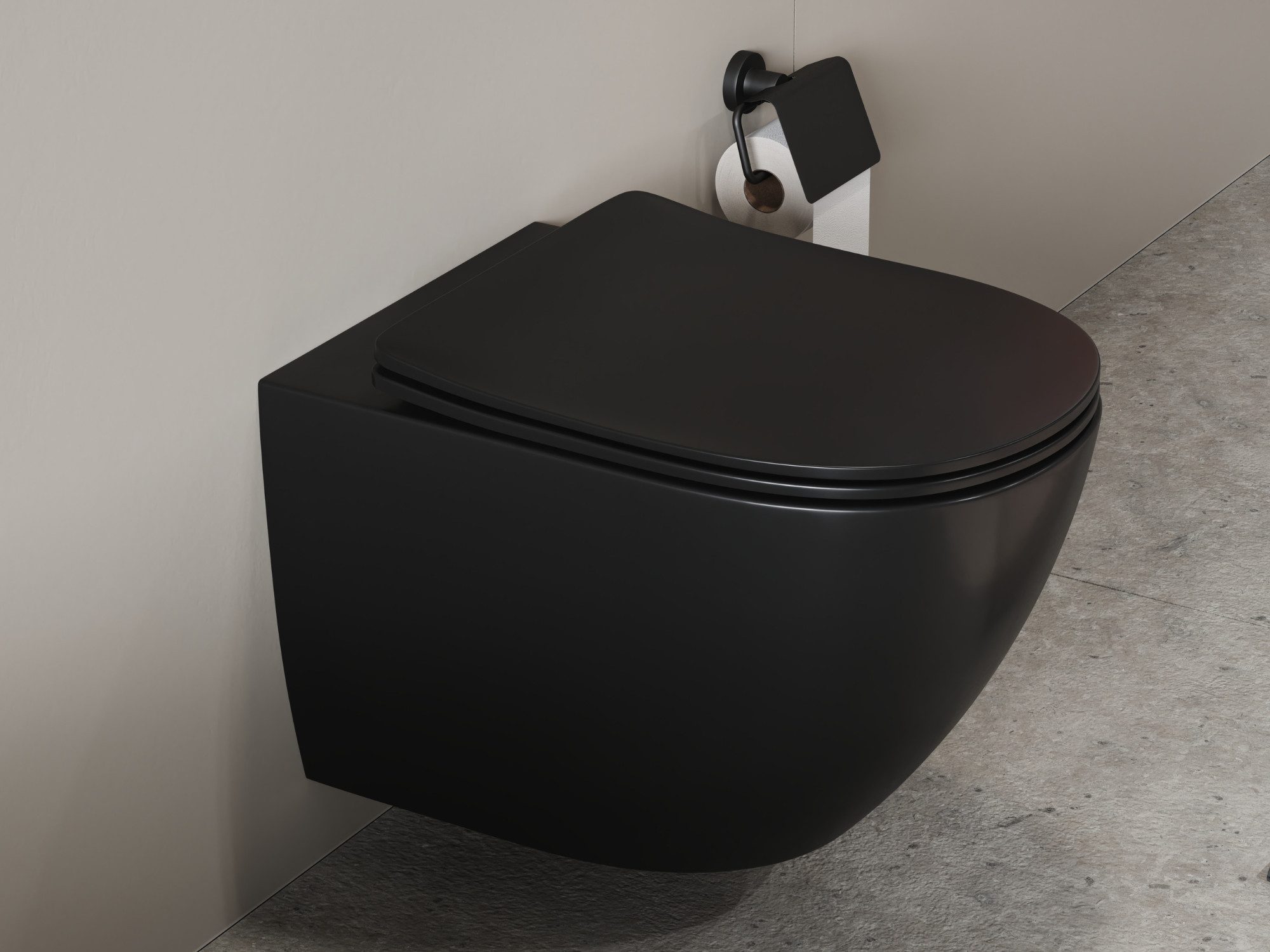Aqua Bagno Tiefspül-WC Spülrandloses Hänge-WC schwarz matt 53cm Toilette ohne Rand, Wandmontage, Abgang waagerecht, WC-Set, Toilette ohne Rand