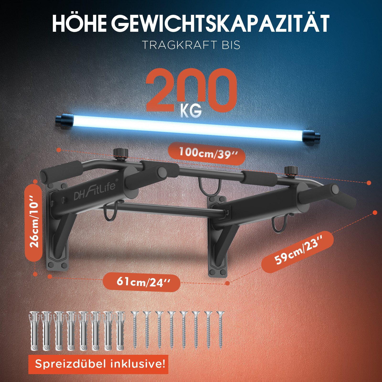 DH FitLife Klimmzugstange zur Wandmontage 4in1 mit Spreizdübel (Multifunktionale Pull-Up Bar für Zuhause bis 200kg, 6 rutschfeste Griffe), 3 Öse für Boxsack & Schlingentrainer, Sicher & Stabil