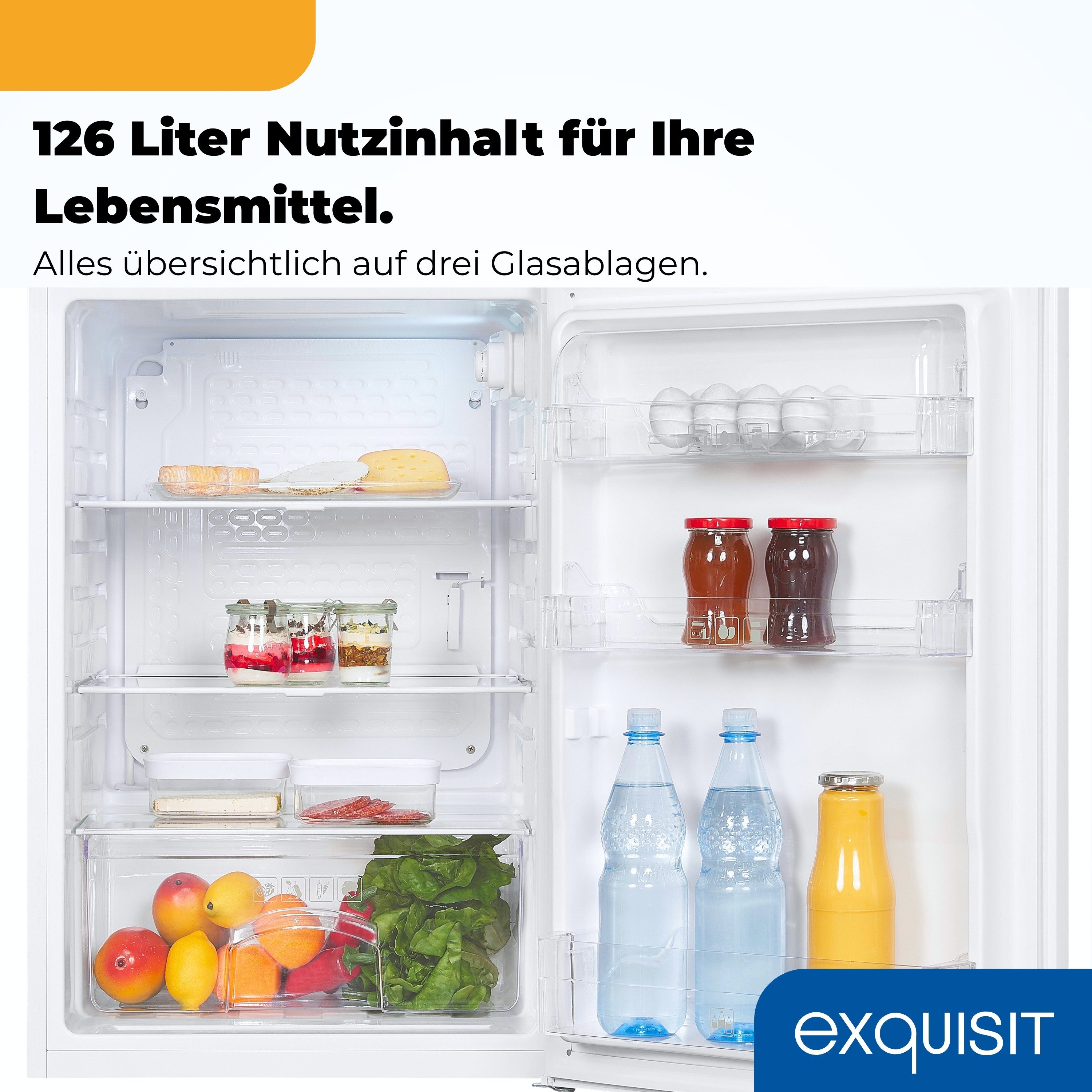 exquisit Vollraumkühlschrank KS516-V-040D, 85 cm hoch, 55 cm breit, 126 l Nutzinhalt, LED Beleuchtung, 39 dB, Geräuschklasse C – Bild 5 von 5